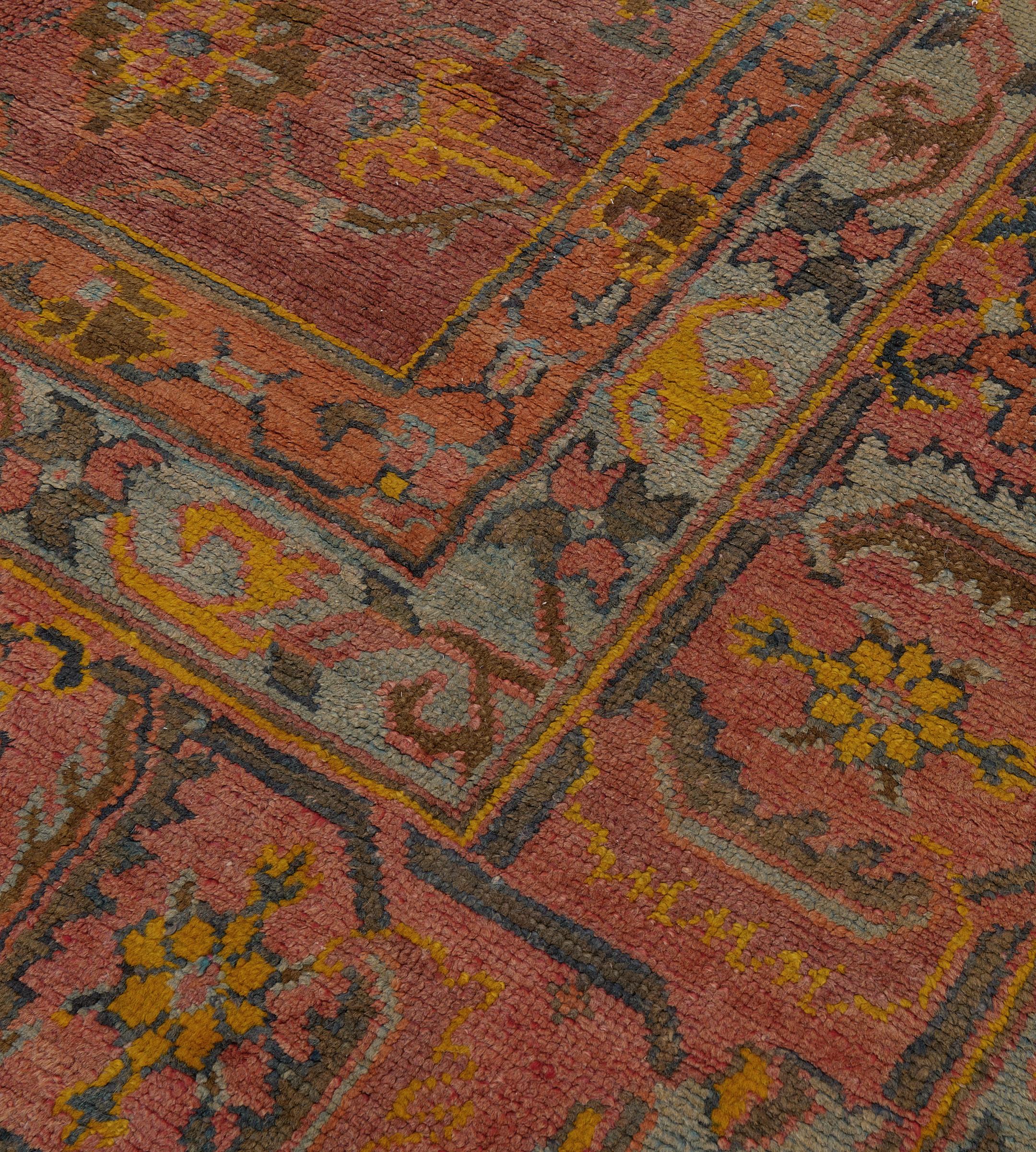 Tappeto Oushak antico oversize in lana rossa floreale, tessuto a mano, 12'4 