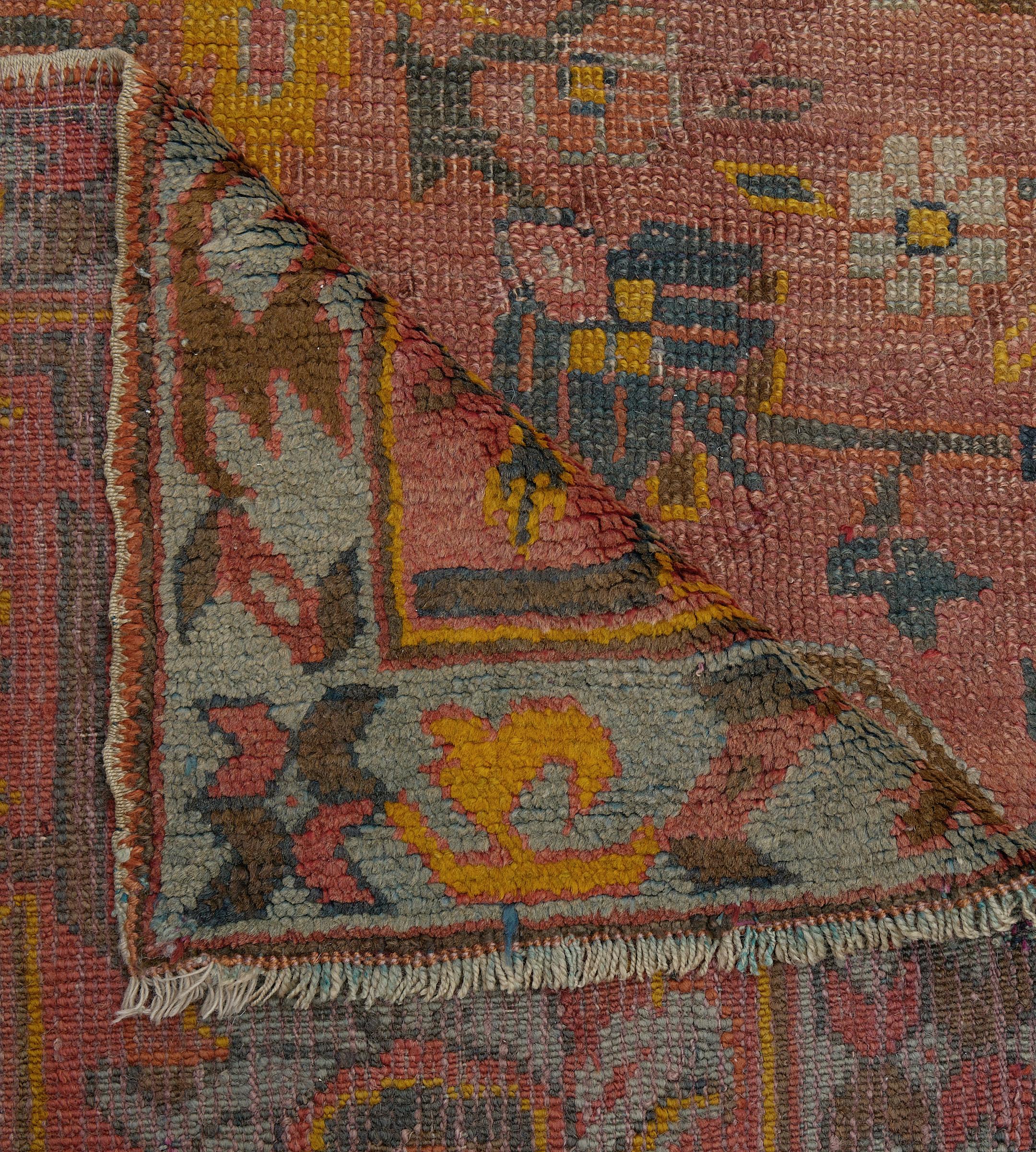 Tappeto Oushak antico oversize in lana rossa floreale, tessuto a mano, 12'4 