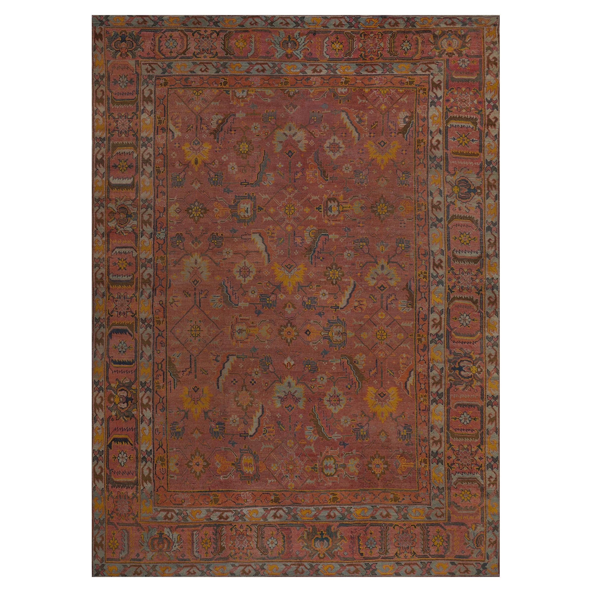 Grand tapis turc Oushak ancien tissé à la main en laine rouge à fleurs 12'4"x17'3"
