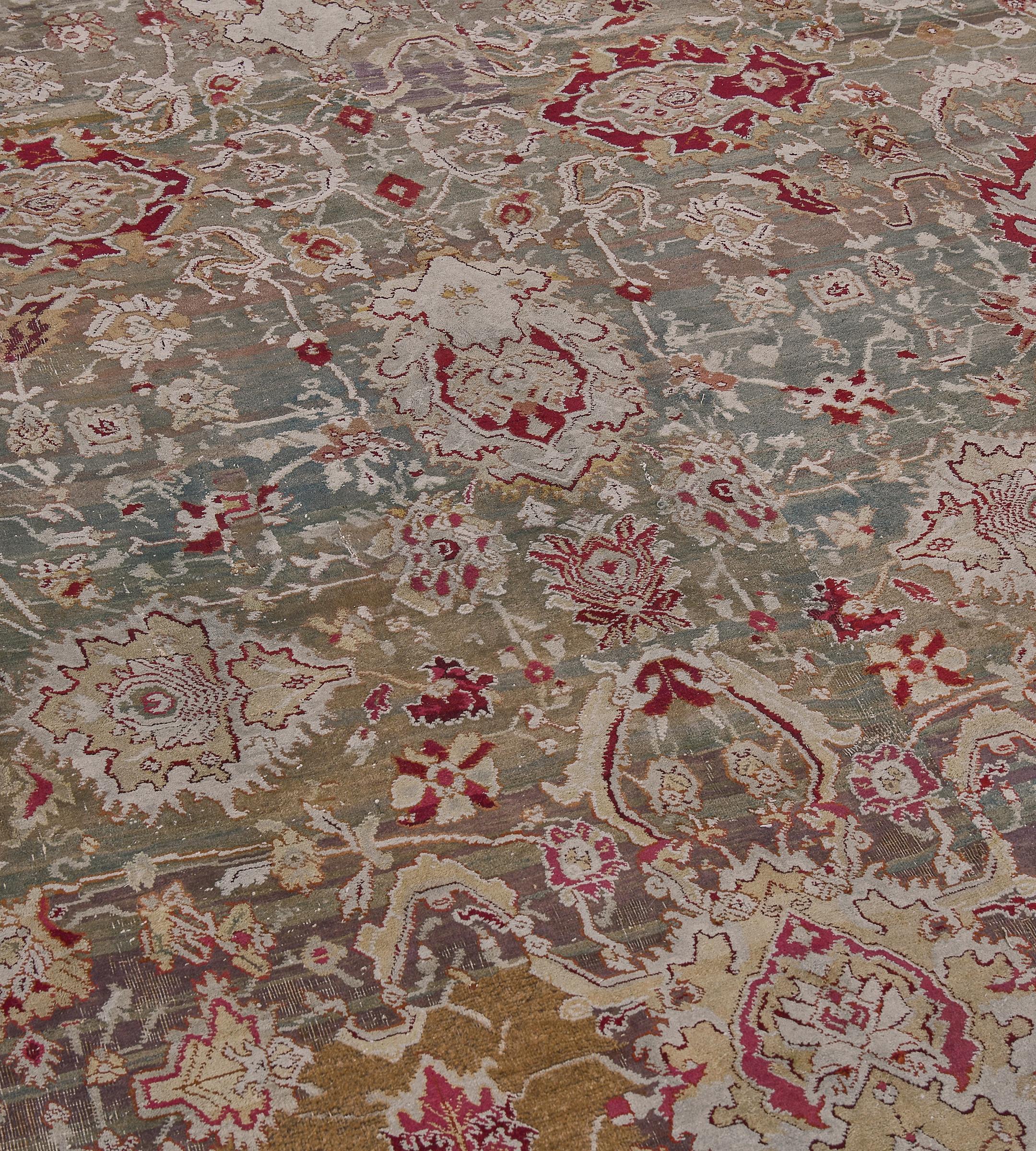 Oversized Antique Hand-woven Wool Floral Agra Rug 11'x17' For Sale 5