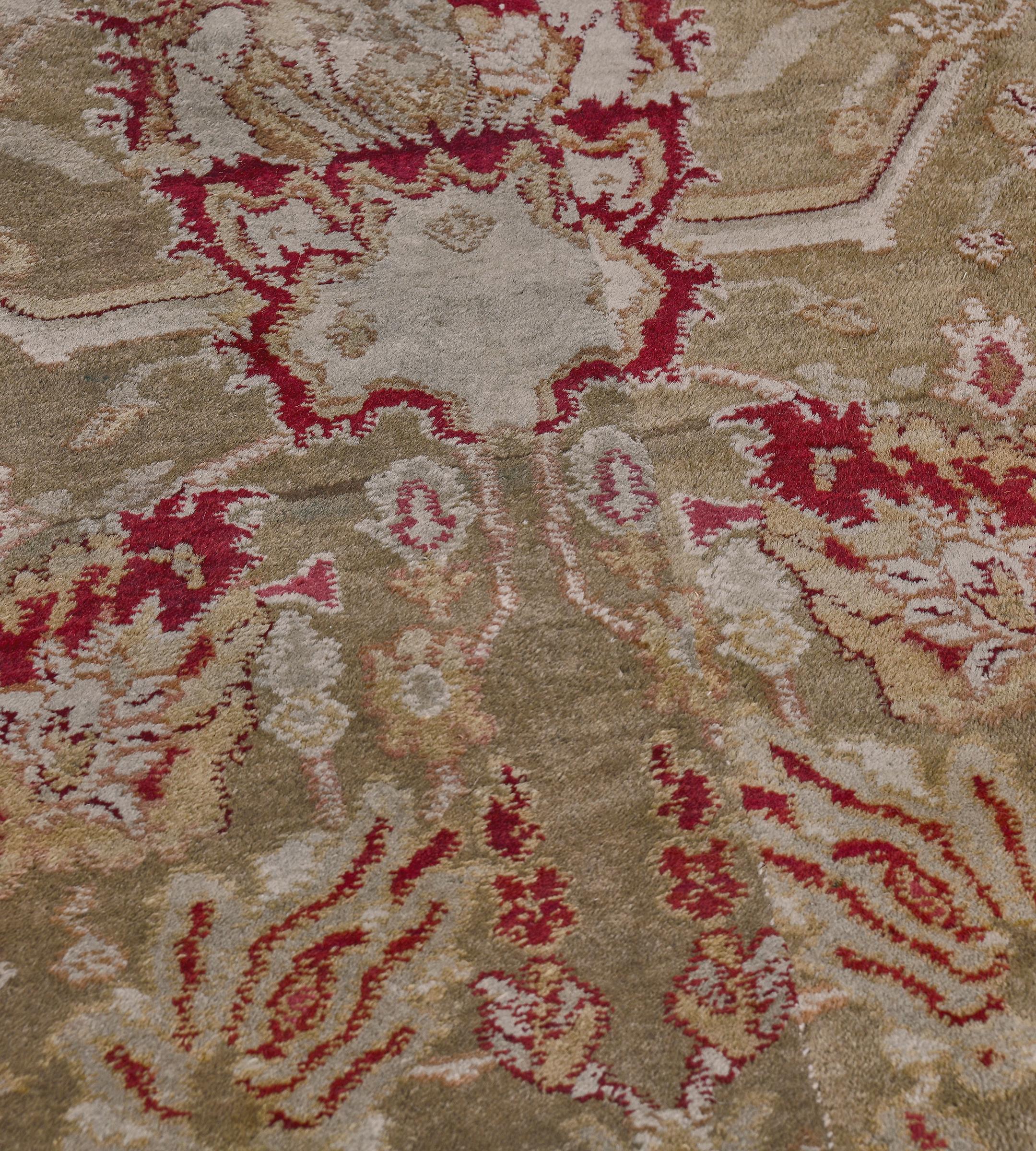 Indian Oversized Antique Hand-woven Wool Floral Agra Rug 11'x17' For Sale