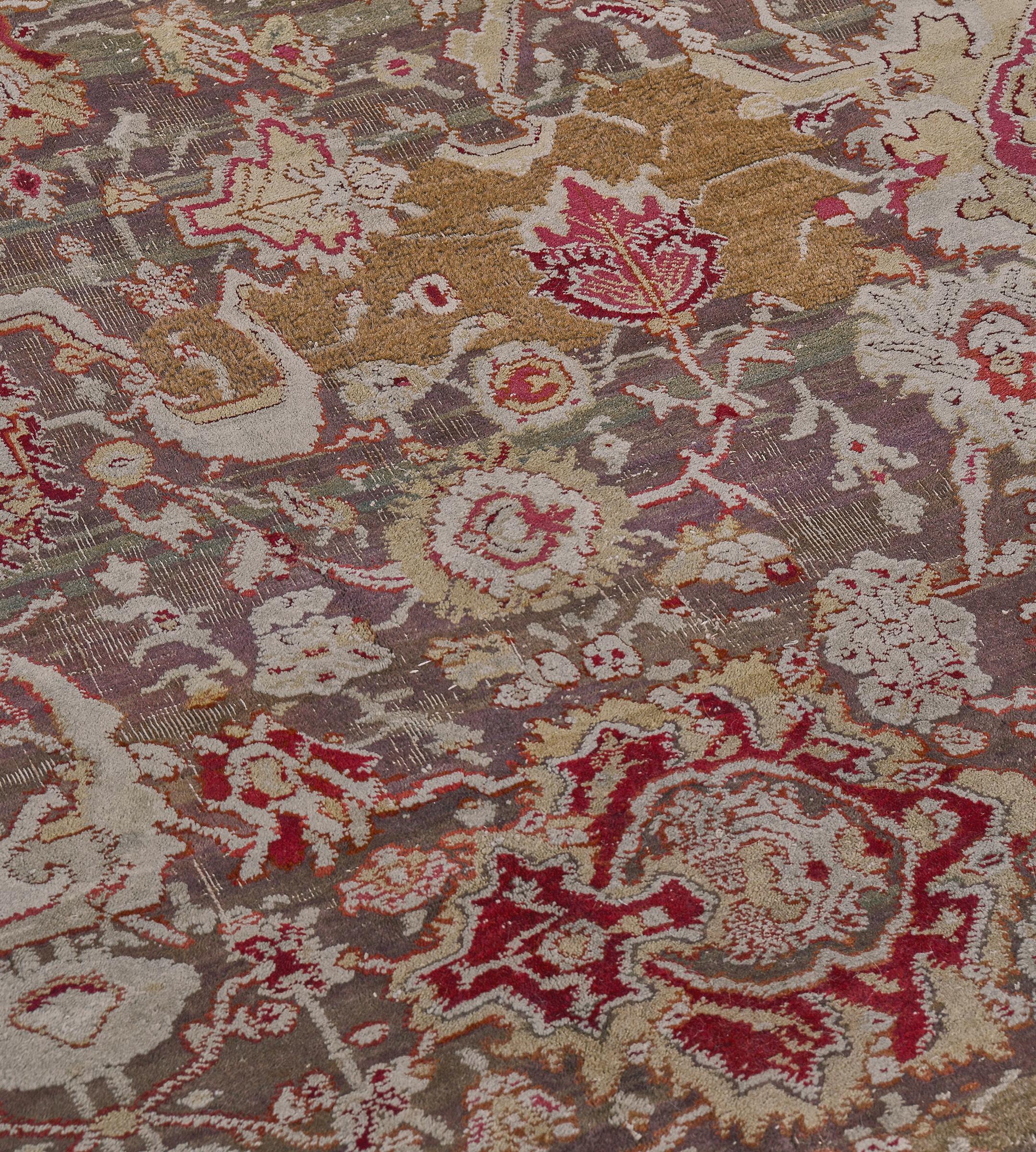 Hand-Woven Oversized Antique Hand-woven Wool Floral Agra Rug 11'x17' For Sale