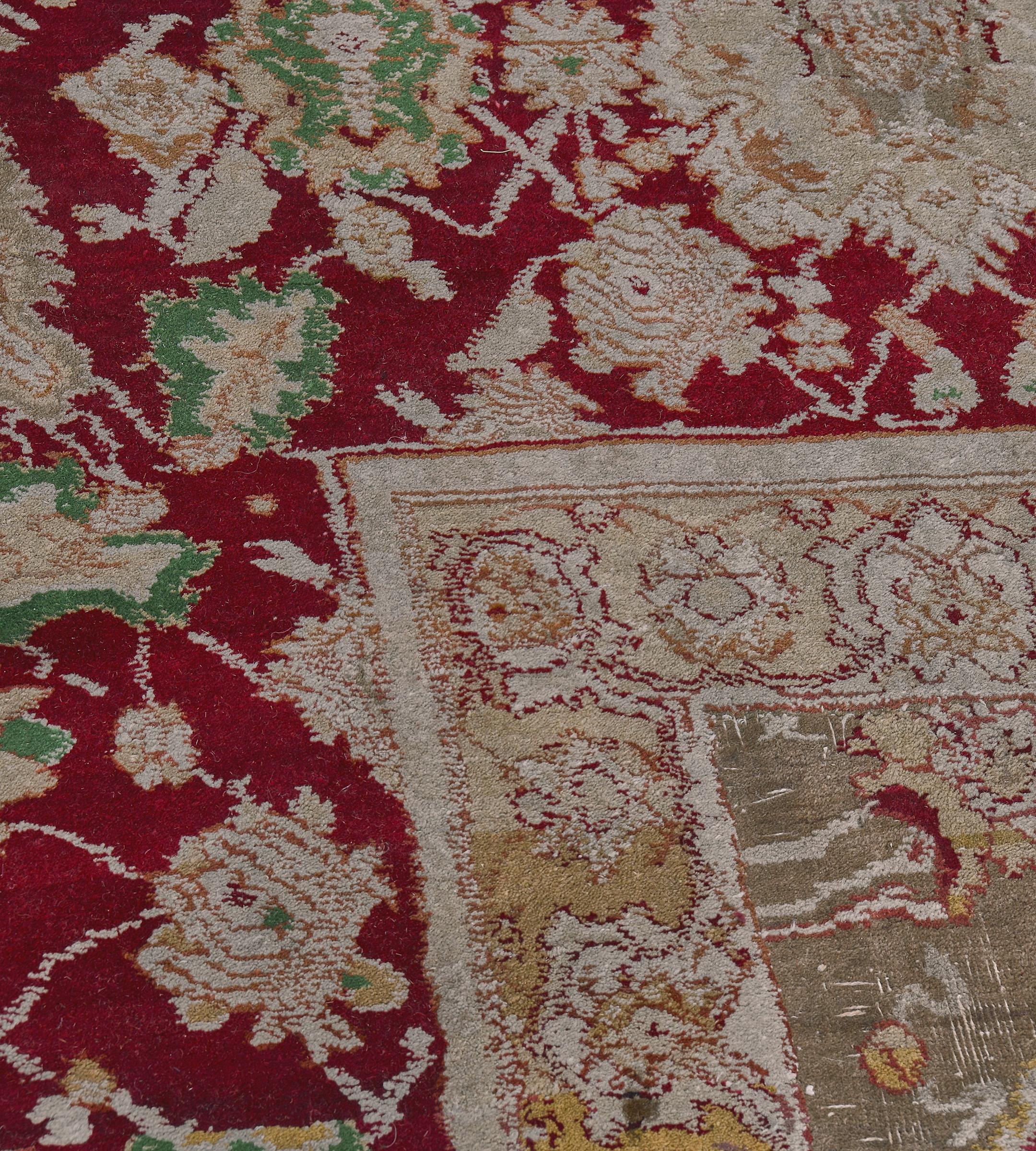 Oversized Antique Hand-woven Wool Floral Agra Rug 11'x17' In Good Condition For Sale In West Hollywood, CA