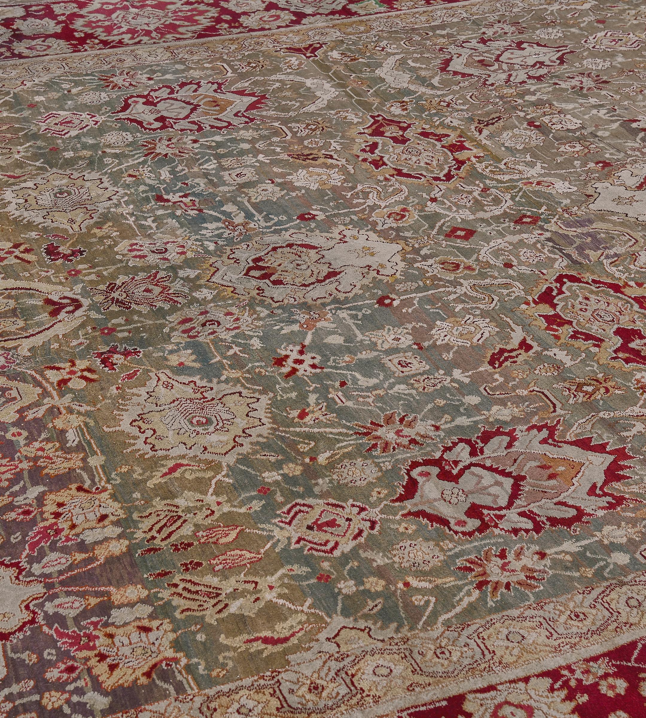 19th Century Oversized Antique Hand-woven Wool Floral Agra Rug 11'x17' For Sale