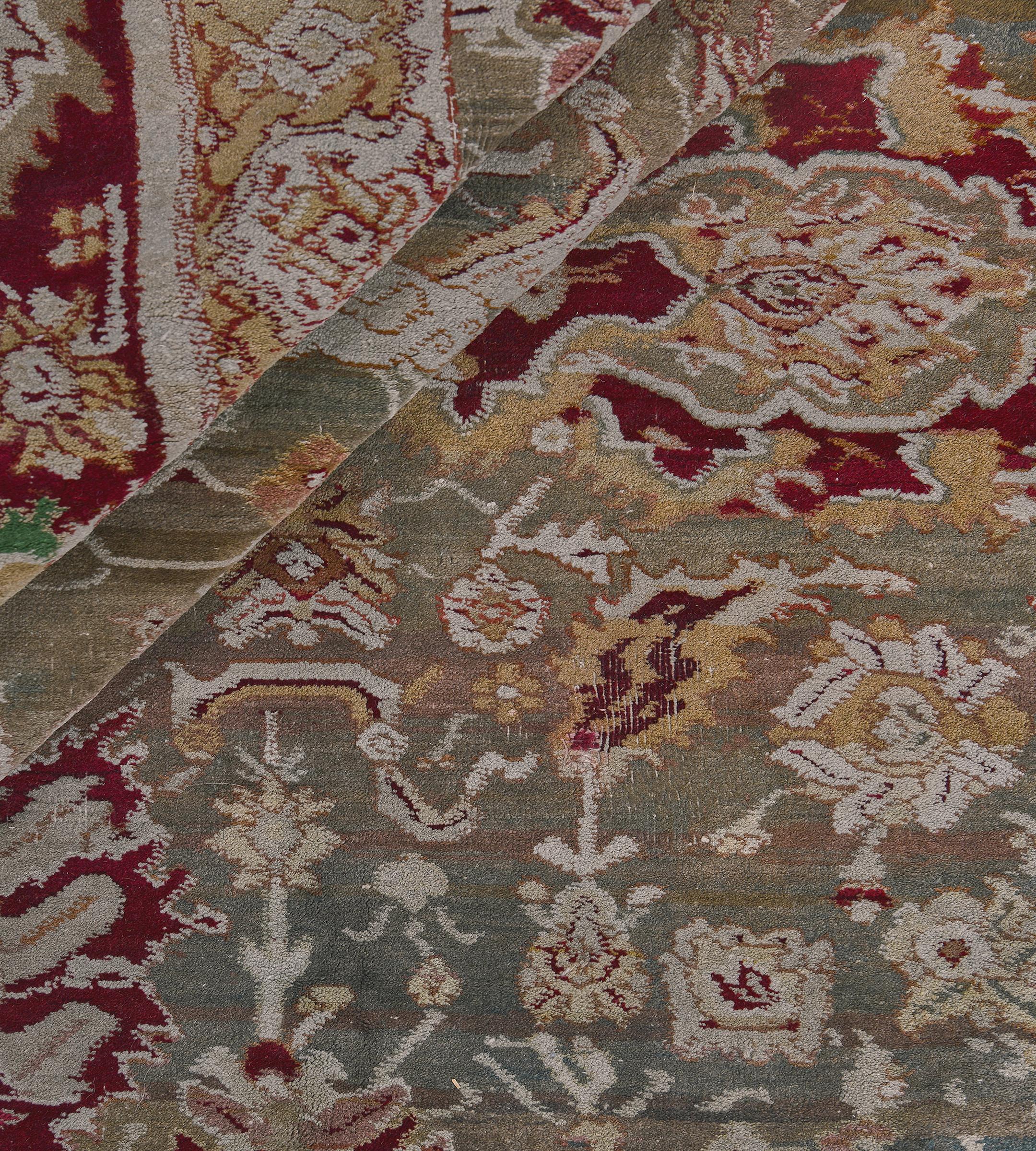 Oversized Antique Hand-woven Wool Floral Agra Rug 11'x17' For Sale 3