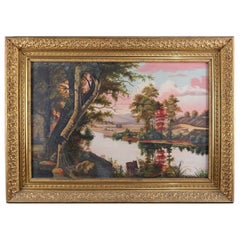 Oversized Antique Hudson River School Landscape River Scene Painting, circa 1910