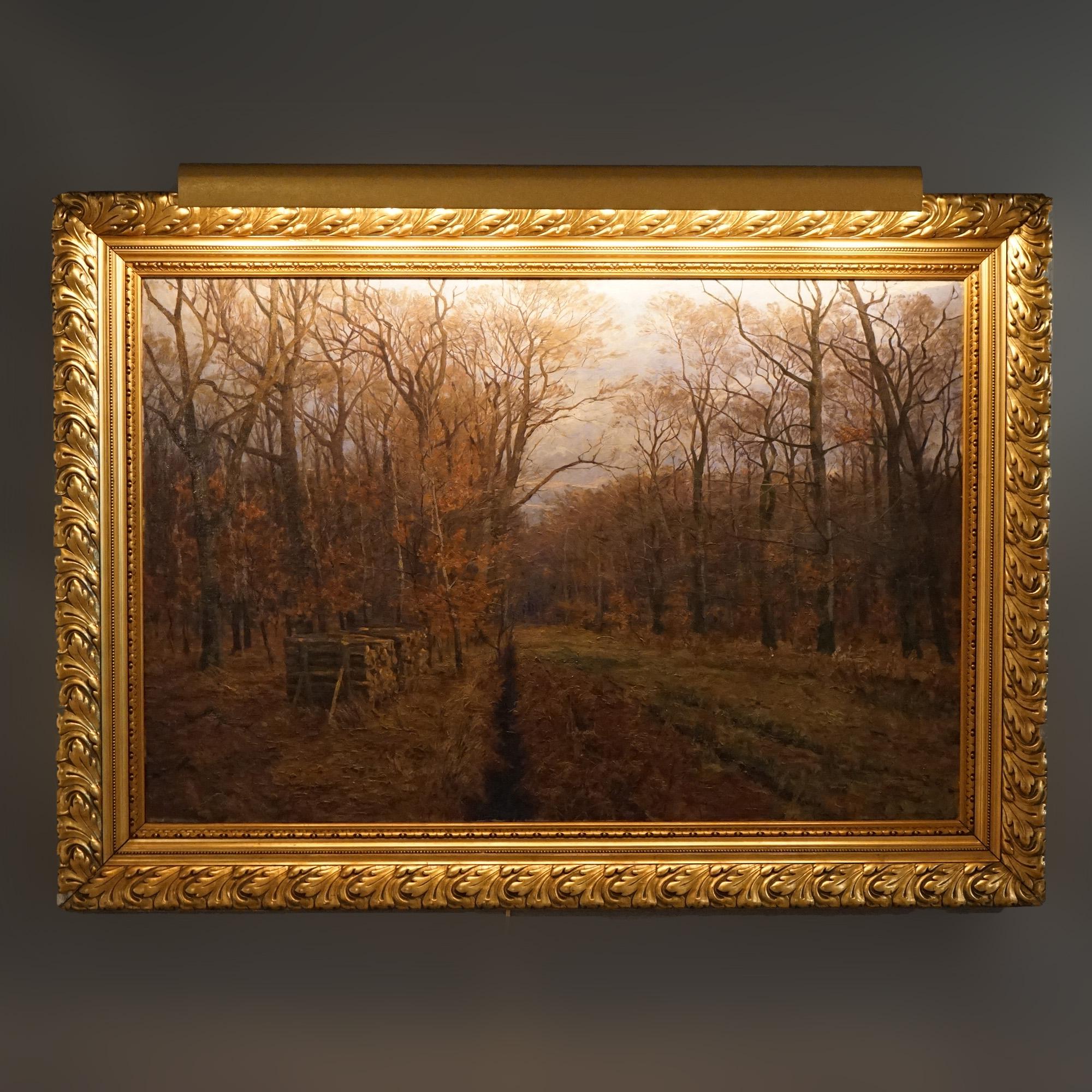A large impressionist painting offers oil on canvas fall landscape scene with trees and forest road, artist signed as photographed, framed, c1920Antique Oversized 

Measures- 43''H x 58.75''W x 8''D; 49.5'' x 33.5'' sight