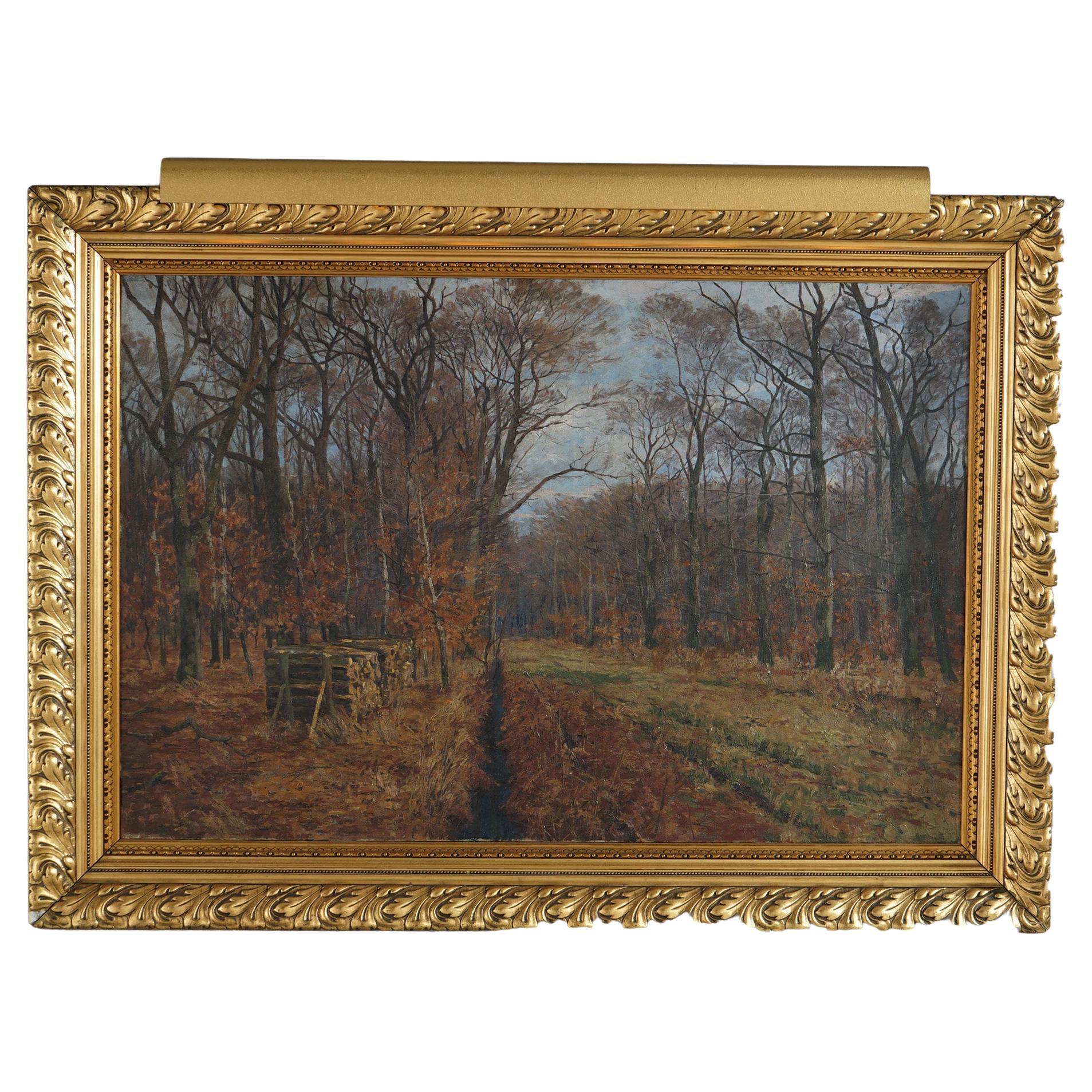 Oversized Antique Impressionistic Landscape Oil on Canvas Painting, Signed C1920 For Sale