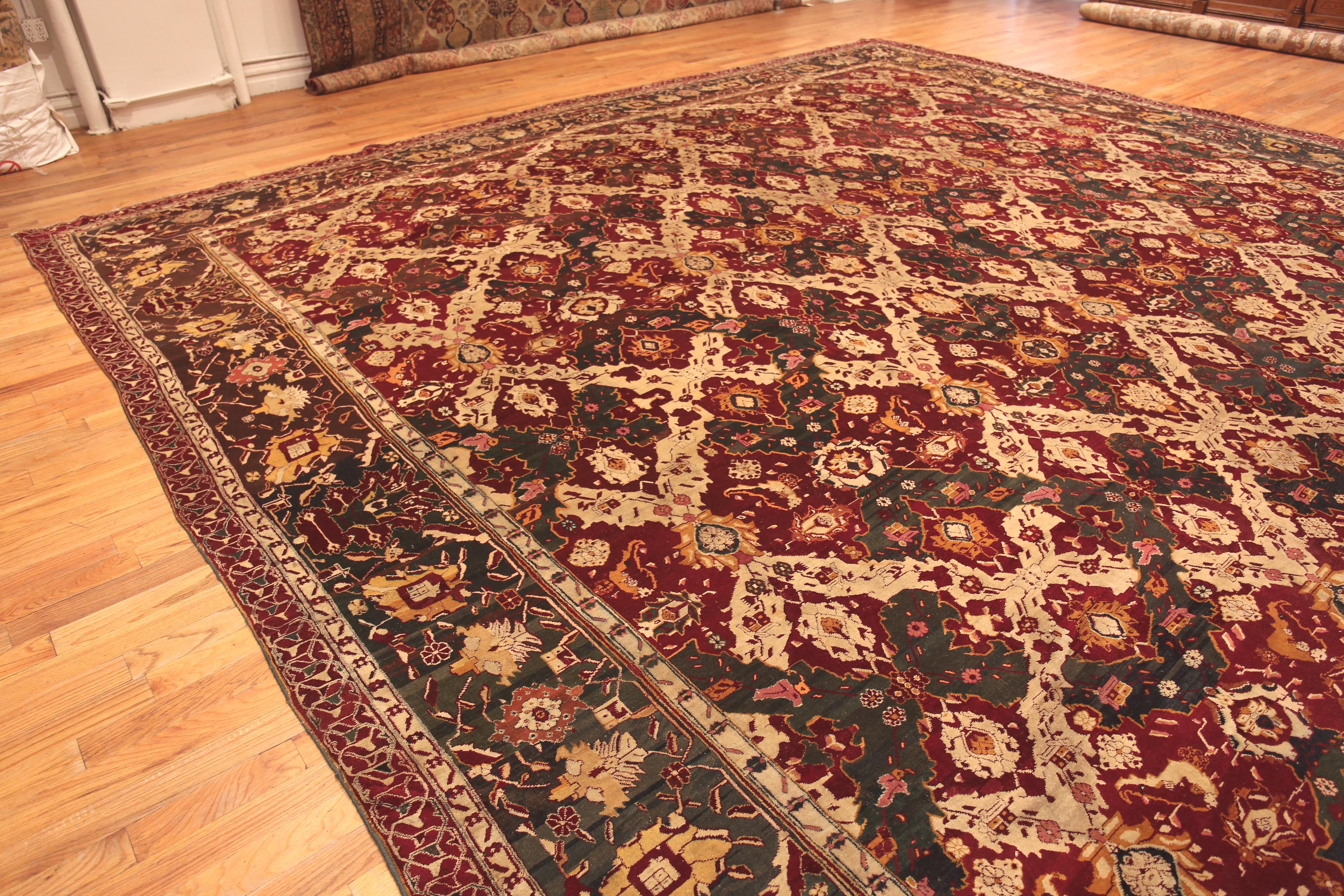 Oversized Antique Indian Agra Rug, Country of Origin: India. Circa date: 1880. Size: 18 ft 2 in x 30 ft 10 in (5.54 m x 9.4 m)