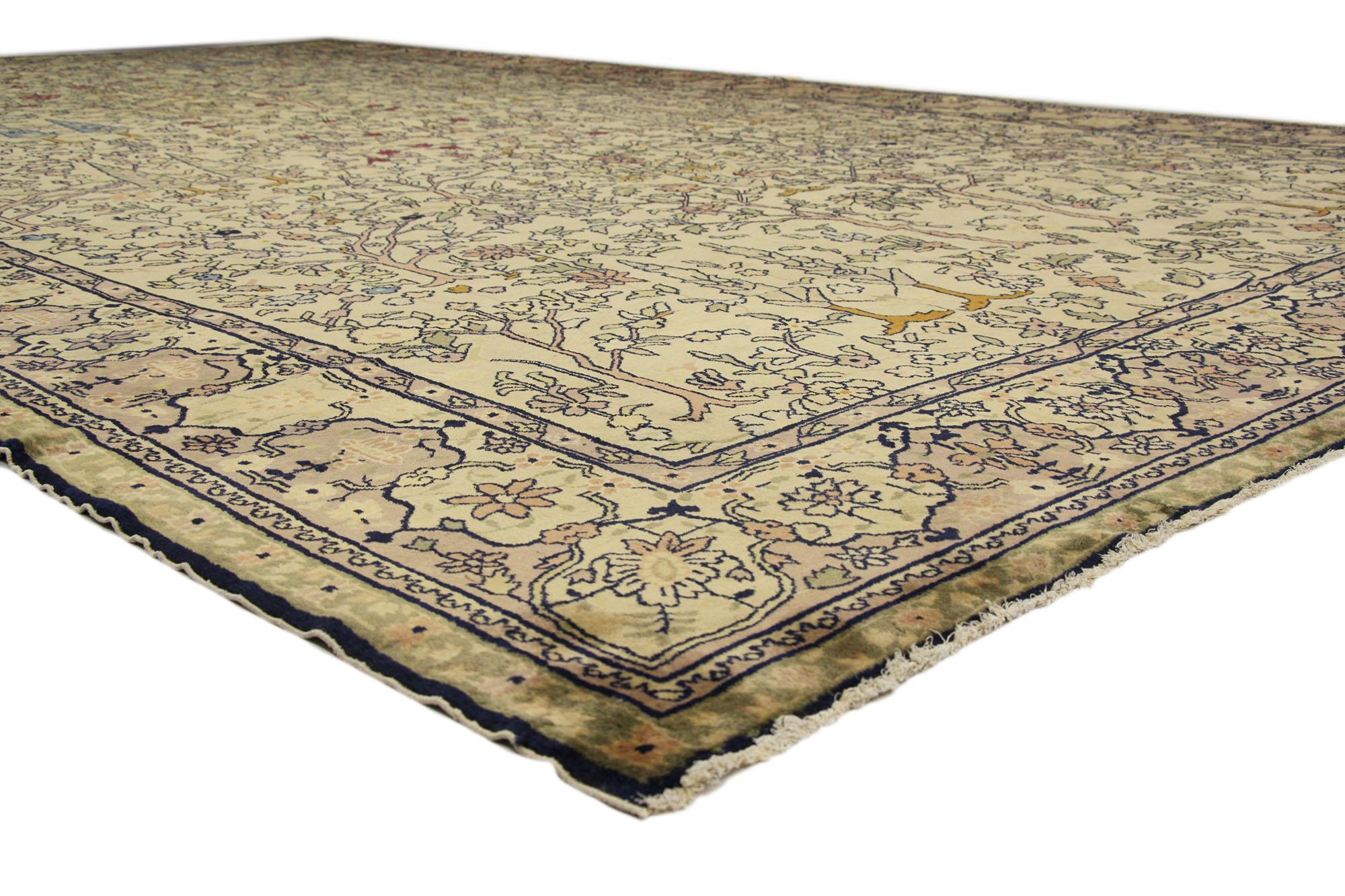 72912 Antique Indian Agra Rug, 11’03 x 19’00.
Emanating nostalgic charm with incredible detail and texture, this oversized antique Indian Agra rug is poised to impress. The decorative allover pattern and soft pastel earth-tone colors woven into this