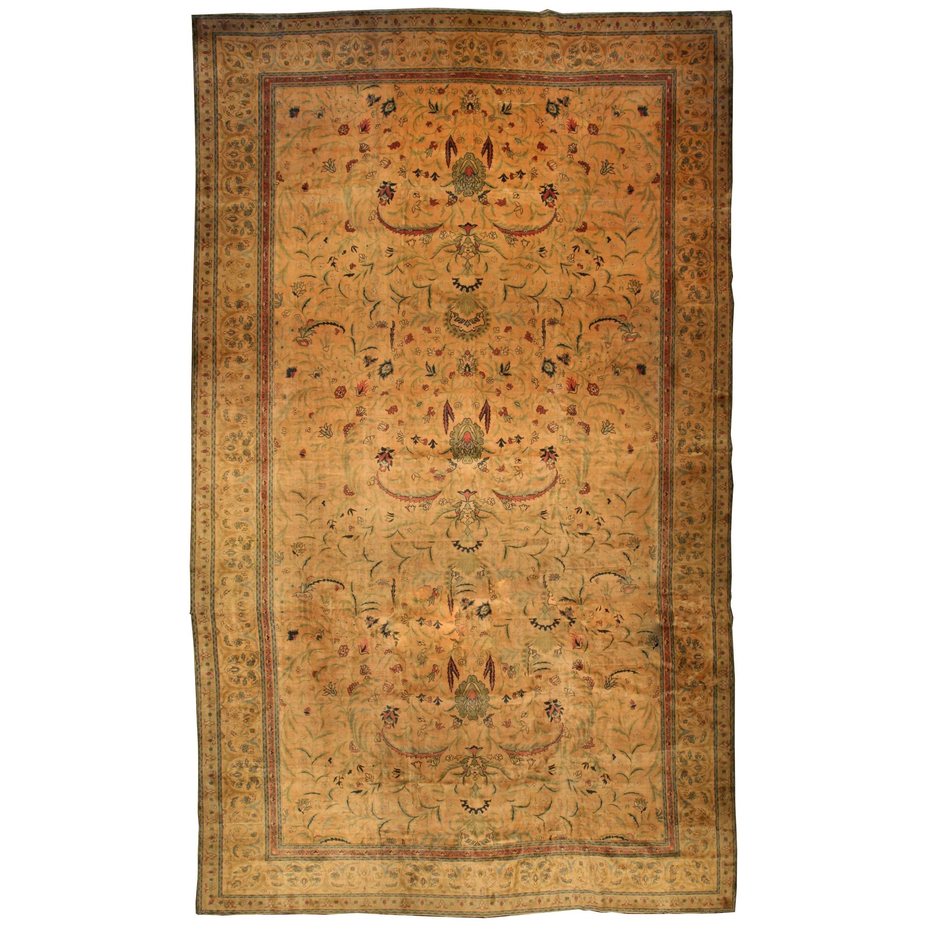 Antique Indian Navy Blue and Beige Handmade Wool Carpet by Doris Leslie