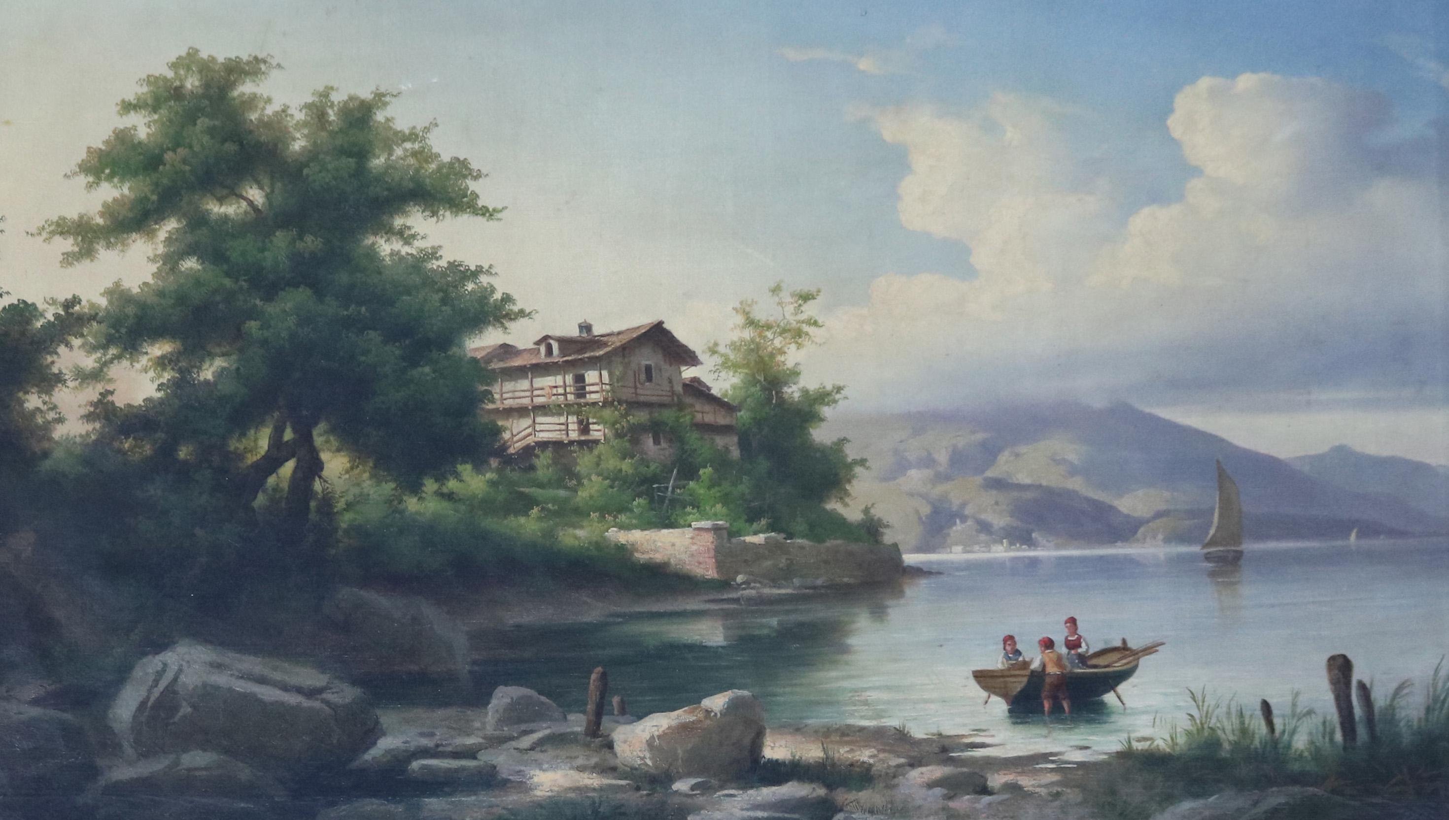 A very fine antique oversized oil on canvas landscape painting depicts lake scene with structure, sailing vessel and boat with figures, seated in ornate giltwood frame, signed lower right as photographed, circa 1850

***DELIVERY NOTICE – Due to