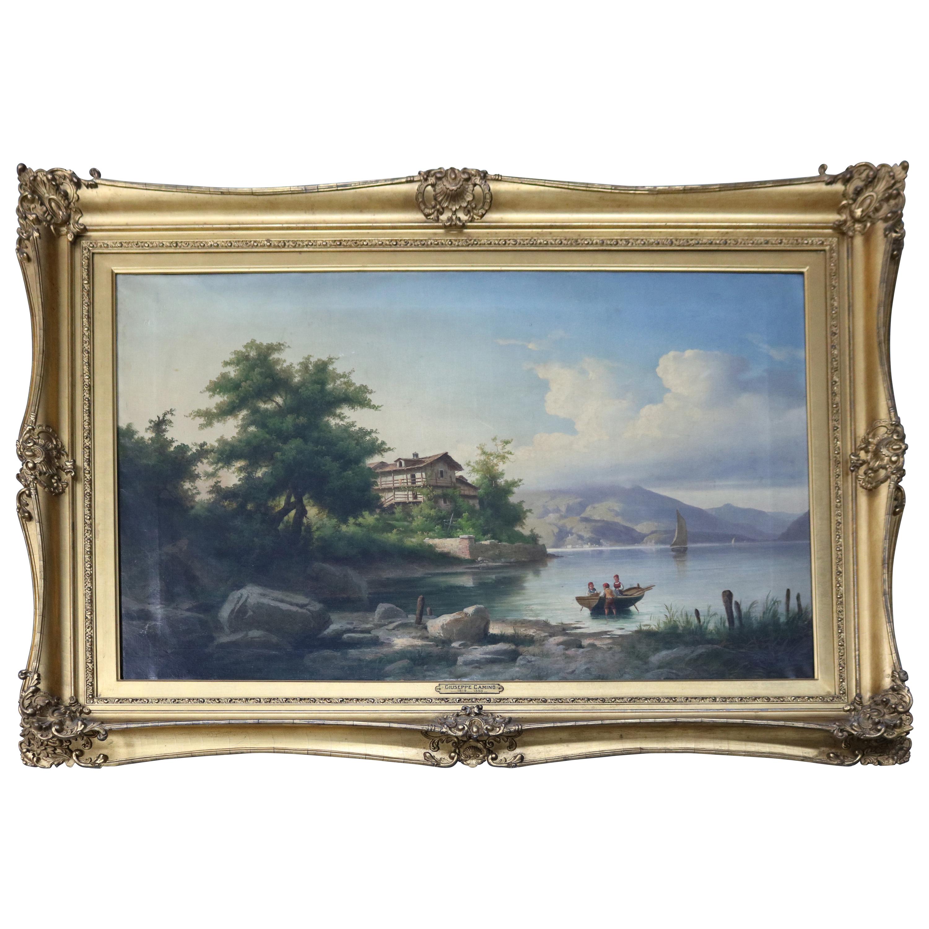 Oversized Antique Italian Guiseppe Camino Oil on Canvas Lake Scene, circa 1850