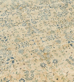 Oversized Antique Ivory and Indigo-Blue Floral Authentic Wool Persian Kerman Rug