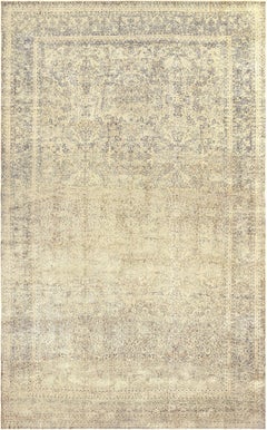 Oversized Antique Ivory and Indigo-Blue Floral Authentic Wool Persian Kerman Rug