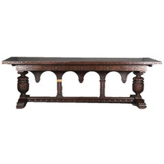 Oversized Antique Jacobean Carved Oak Dining or Conference Trestle Table