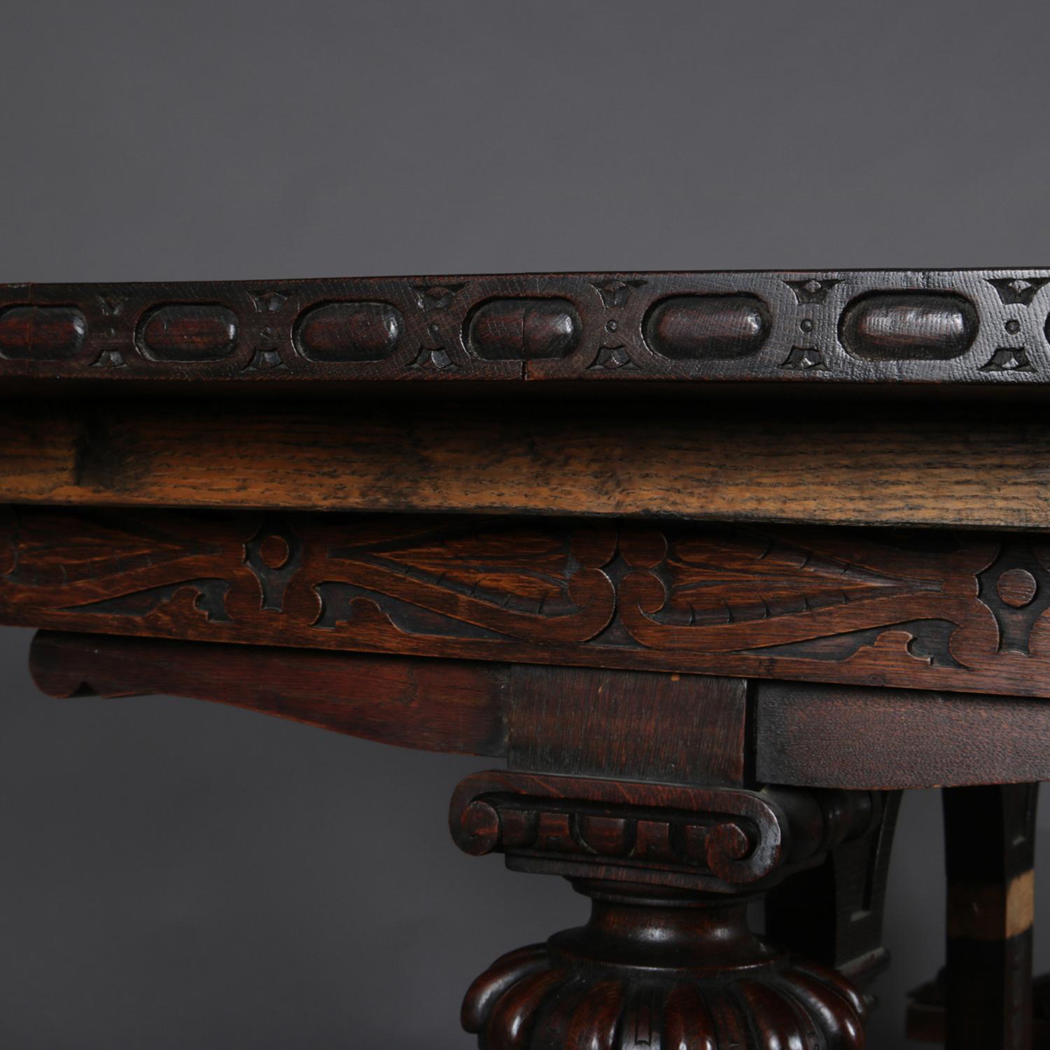 Oversized Antique Jacobean Carved Oak Dining or Conference Trestle Table 1