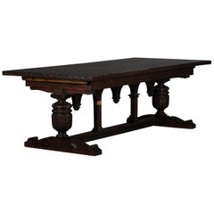 Oversized Antique Jacobean Carved Oak Dining or Conference Trestle Table