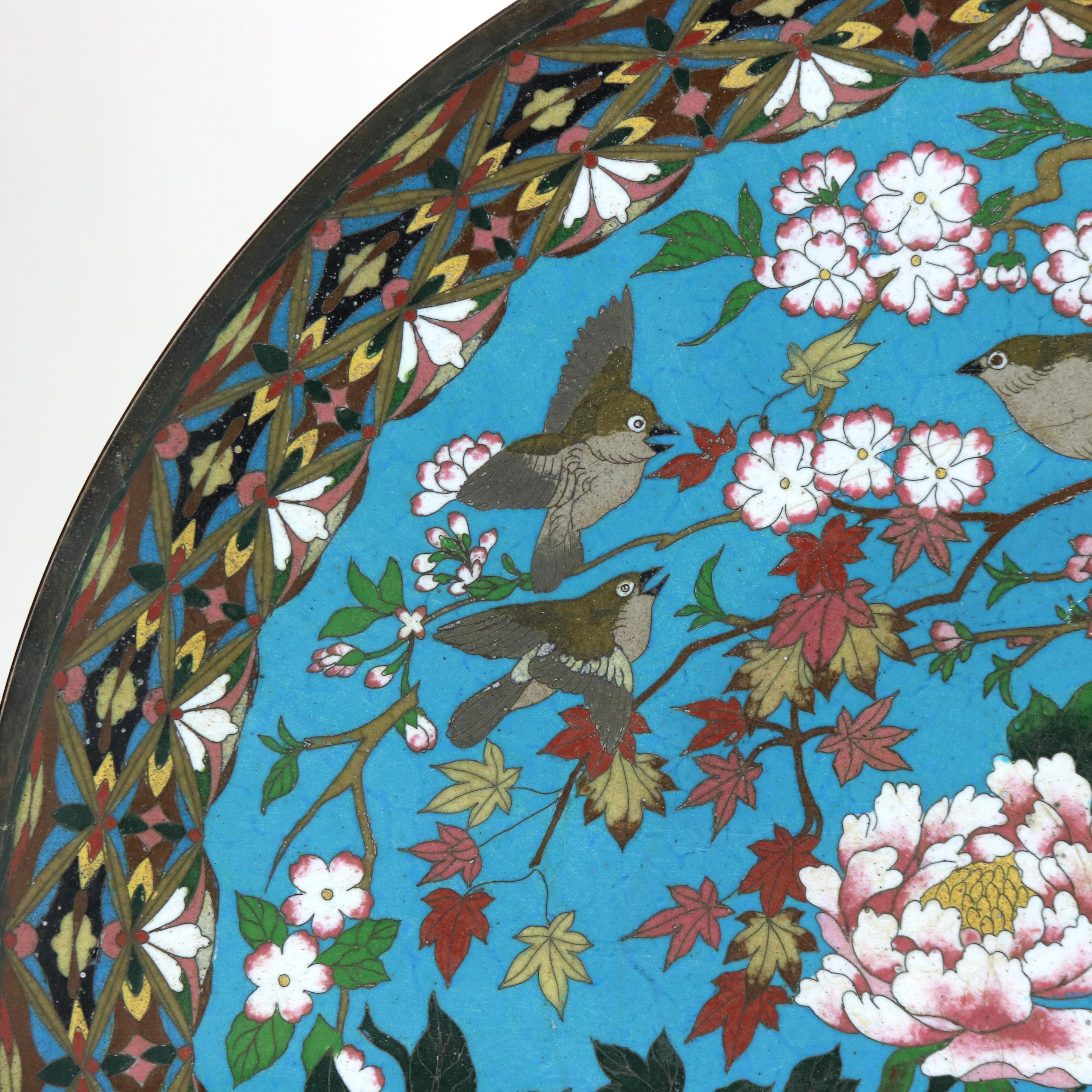 Oversized Antique Japanese Cloisonne Charger C1920 In Good Condition For Sale In Big Flats, NY