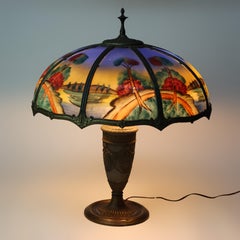 Oversized Antique Jefferson School Scenic Reverse Painted Table Lamp c1900