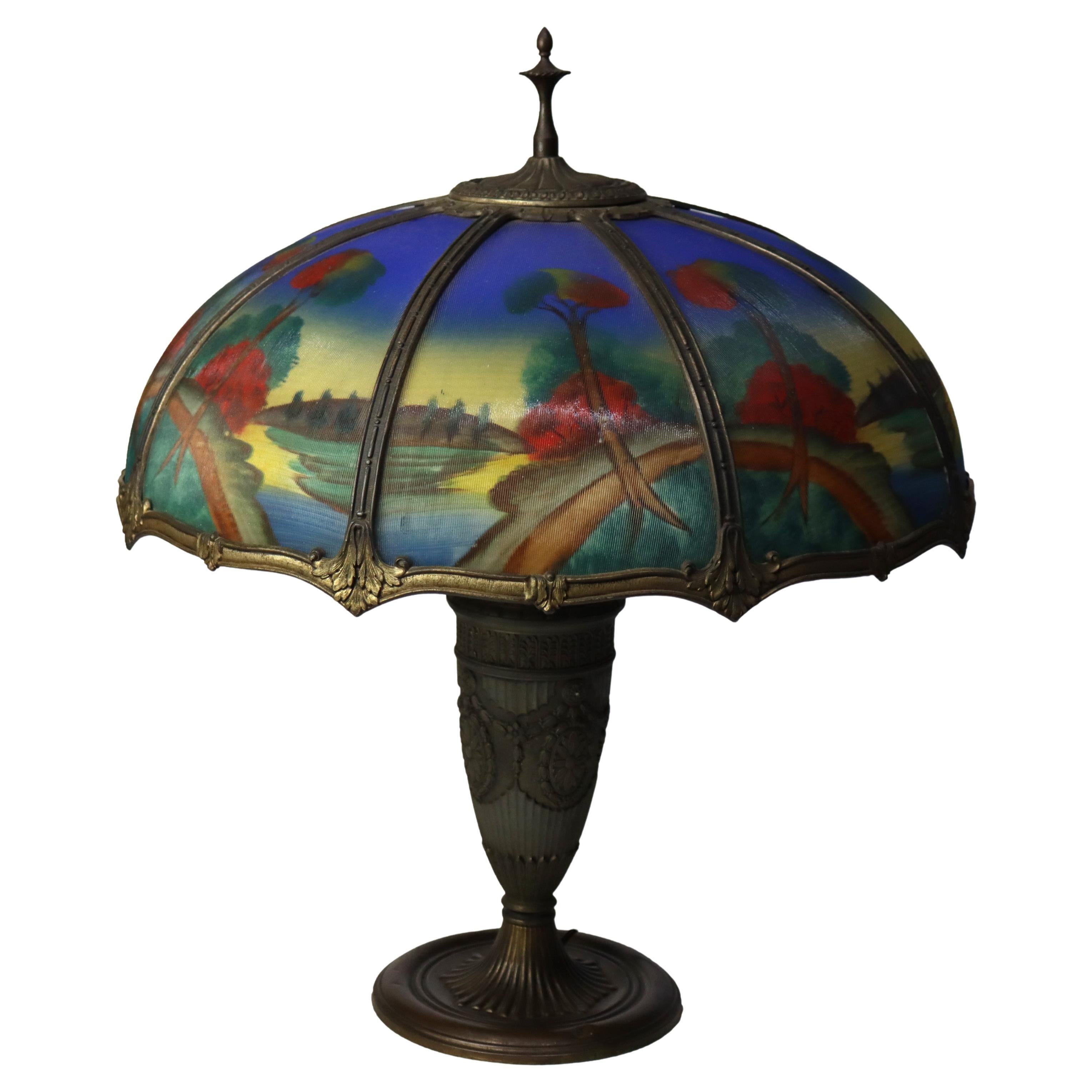 Lampe de table surdimensionnée peinte à l
envers de la scène de l
école Jefferson c1900