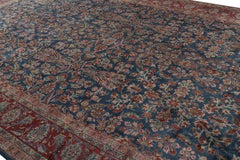 Oversized Antique Kashan Rug in Blue with Red Floral Patterns - Rug & Kilim