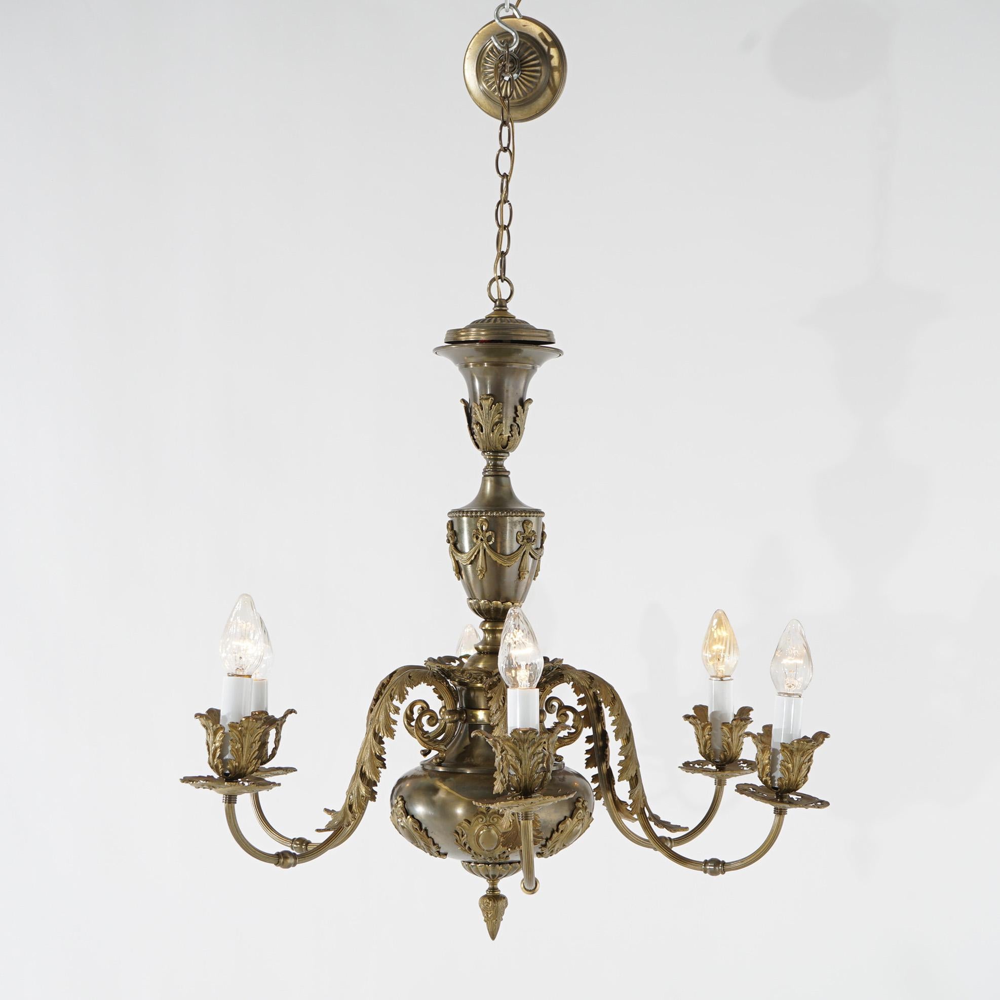 American Oversized Antique Louis XV Style Brass & Bronze 6-Light Chandelier C1940 For Sale