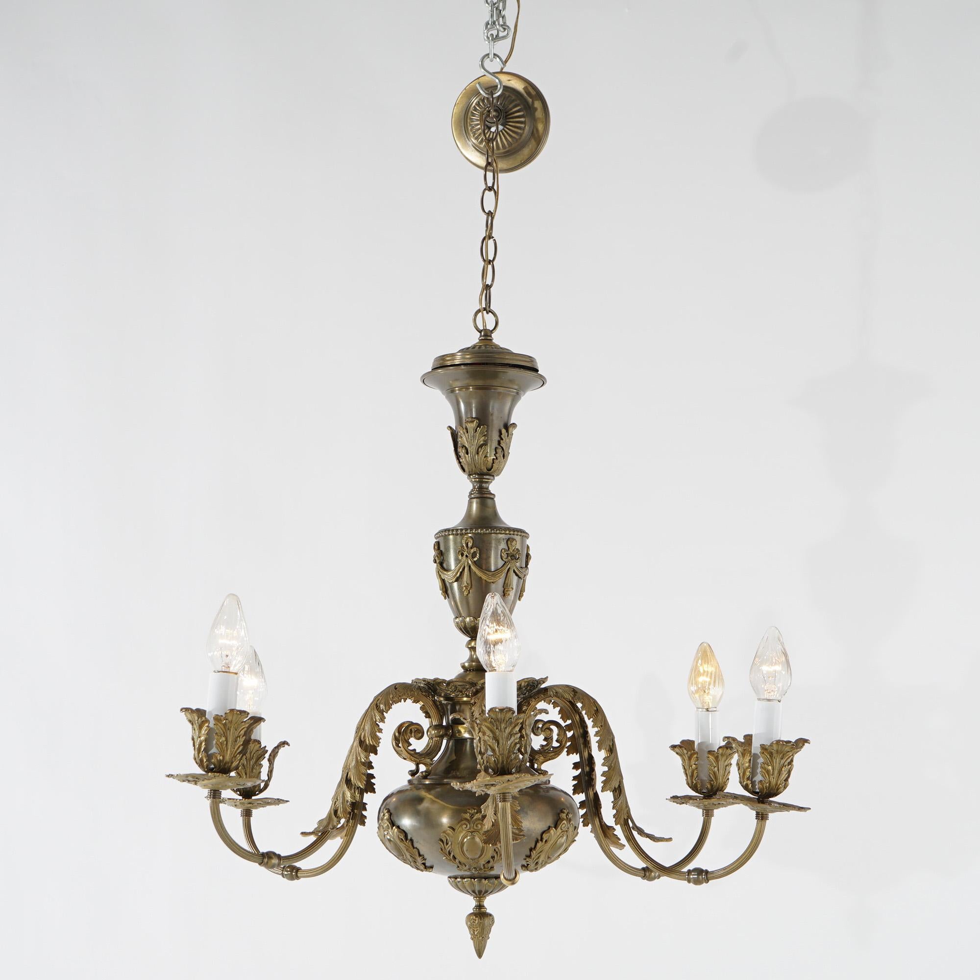 Cast Oversized Antique Louis XV Style Brass & Bronze 6-Light Chandelier C1940 For Sale