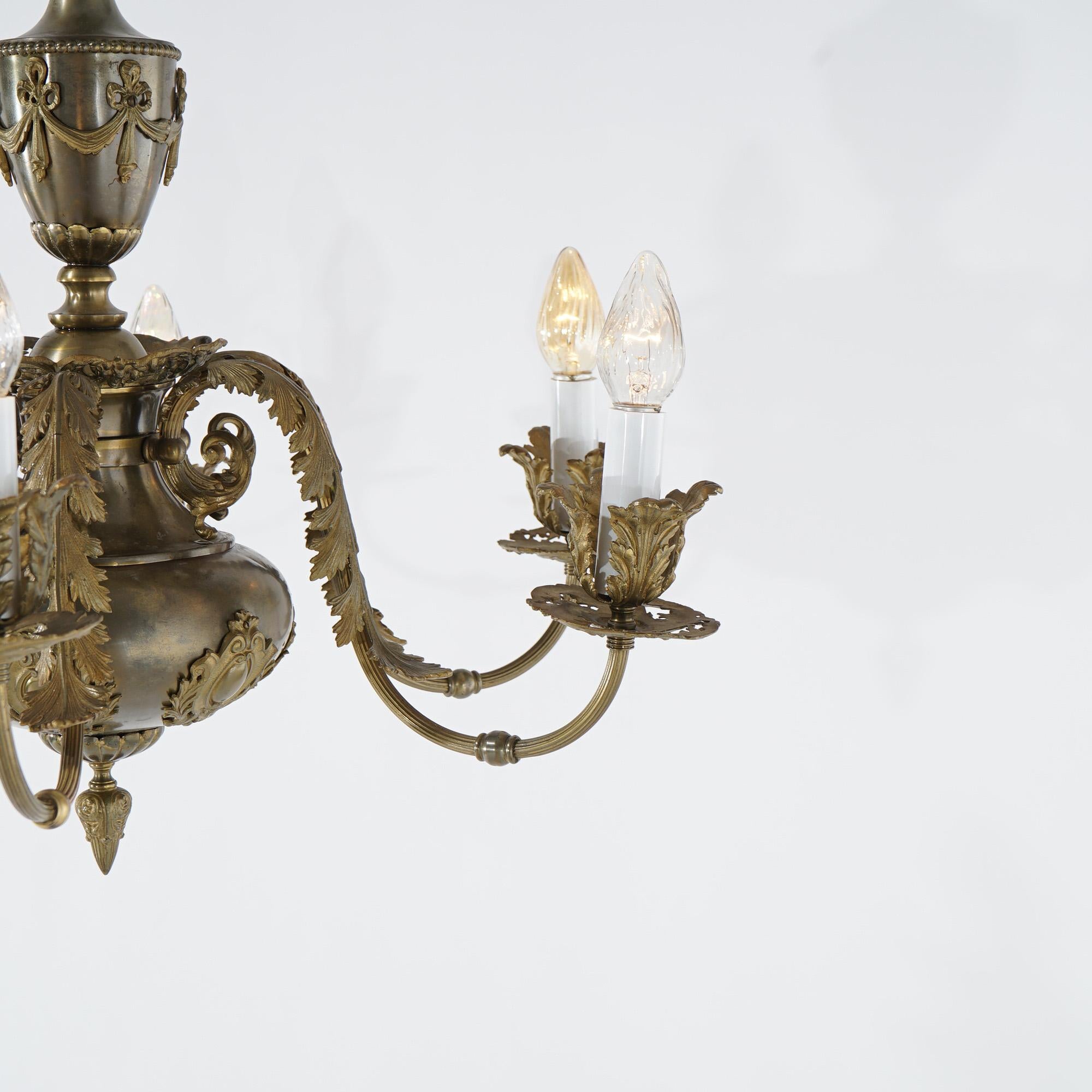 Oversized Antique Louis XV Style Brass & Bronze 6-Light Chandelier C1940 In Good Condition For Sale In Big Flats, NY