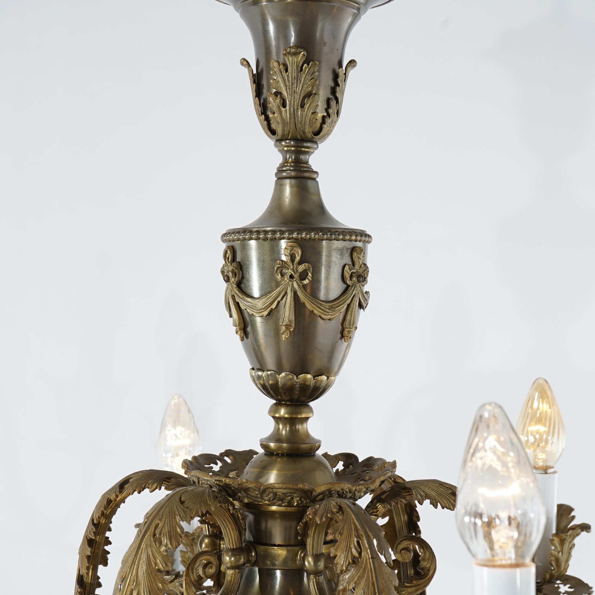 Oversized Antique Louis XV Style Brass & Bronze 6-Light Chandelier C1940 For Sale 1
