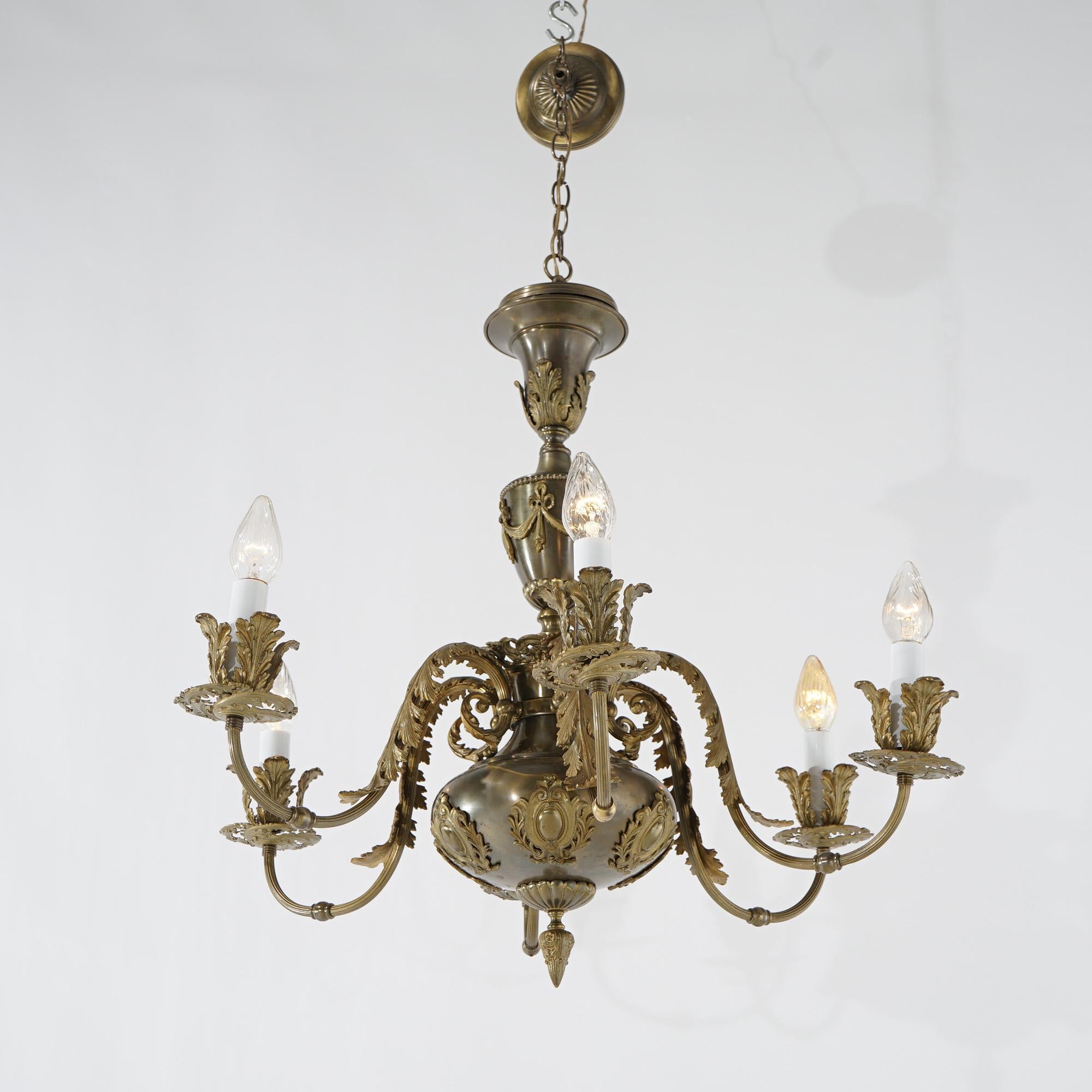 Oversized Antique Louis XV Style Brass & Bronze 6-Light Chandelier C1940 For Sale 3