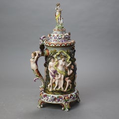 Oversized Antique Majolica Figural Footed Tankard with Classical Scene c1890