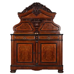 Oversized Antique Neoclassical Carved and Ebonized Walnut and Burl Sideboard