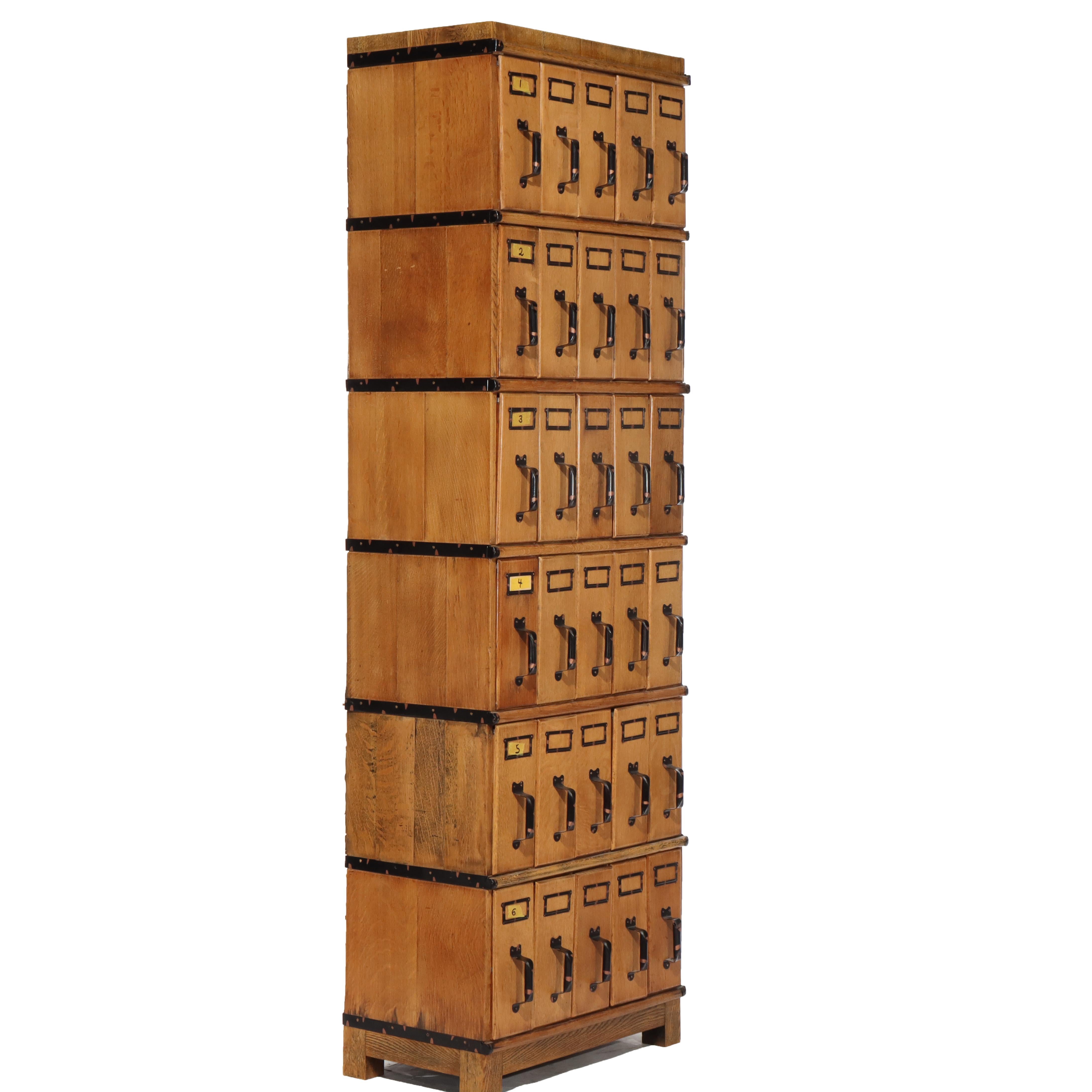 Oversized Antique Oak 6 Section 30 Drawer File Cabinet C1920 For Sale 5