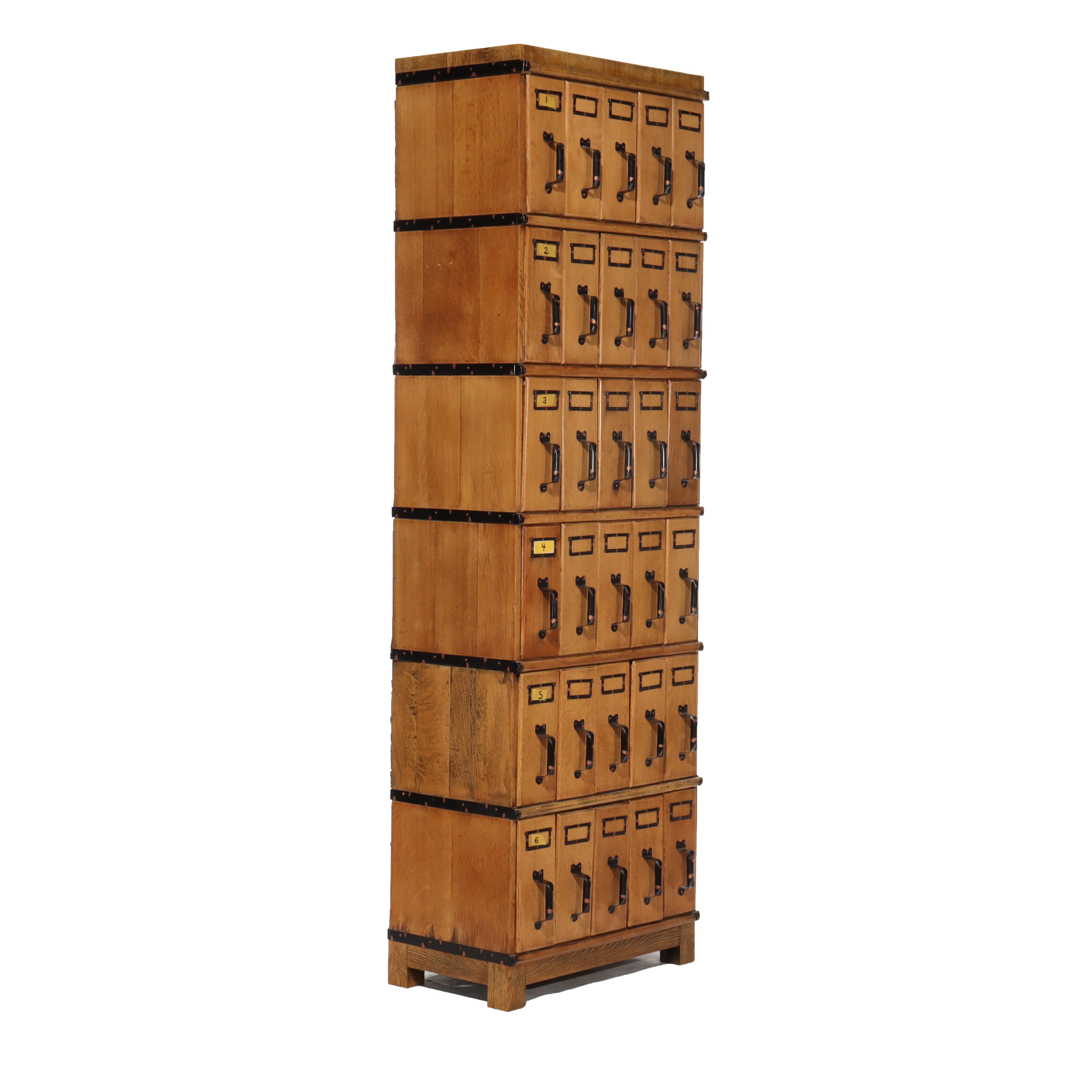 Oversized Antique Oak 6 Section 30 Drawer File Cabinet C1920 For Sale 6