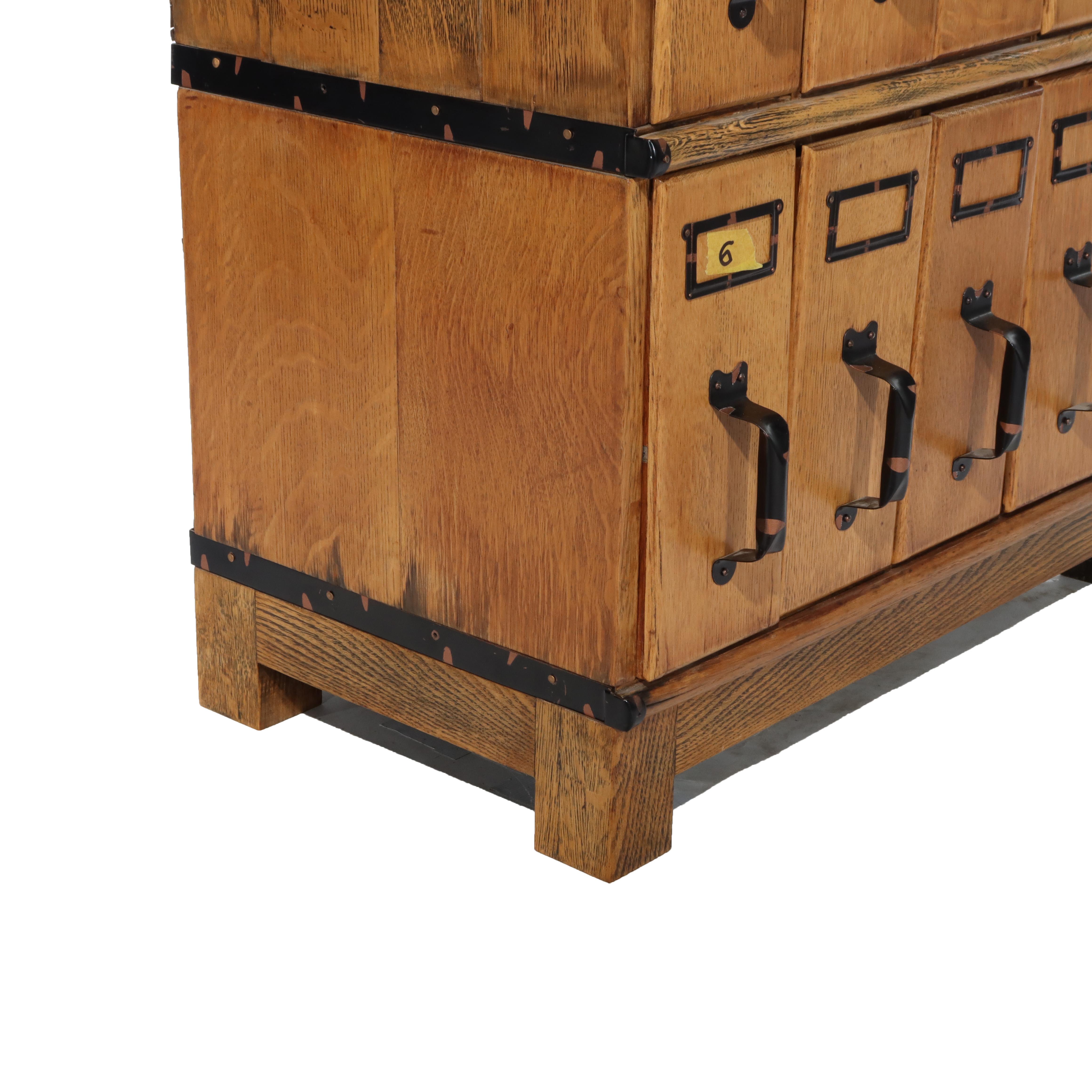 Arts and Crafts Oversized Antique Oak 6 Section 30 Drawer File Cabinet C1920 For Sale