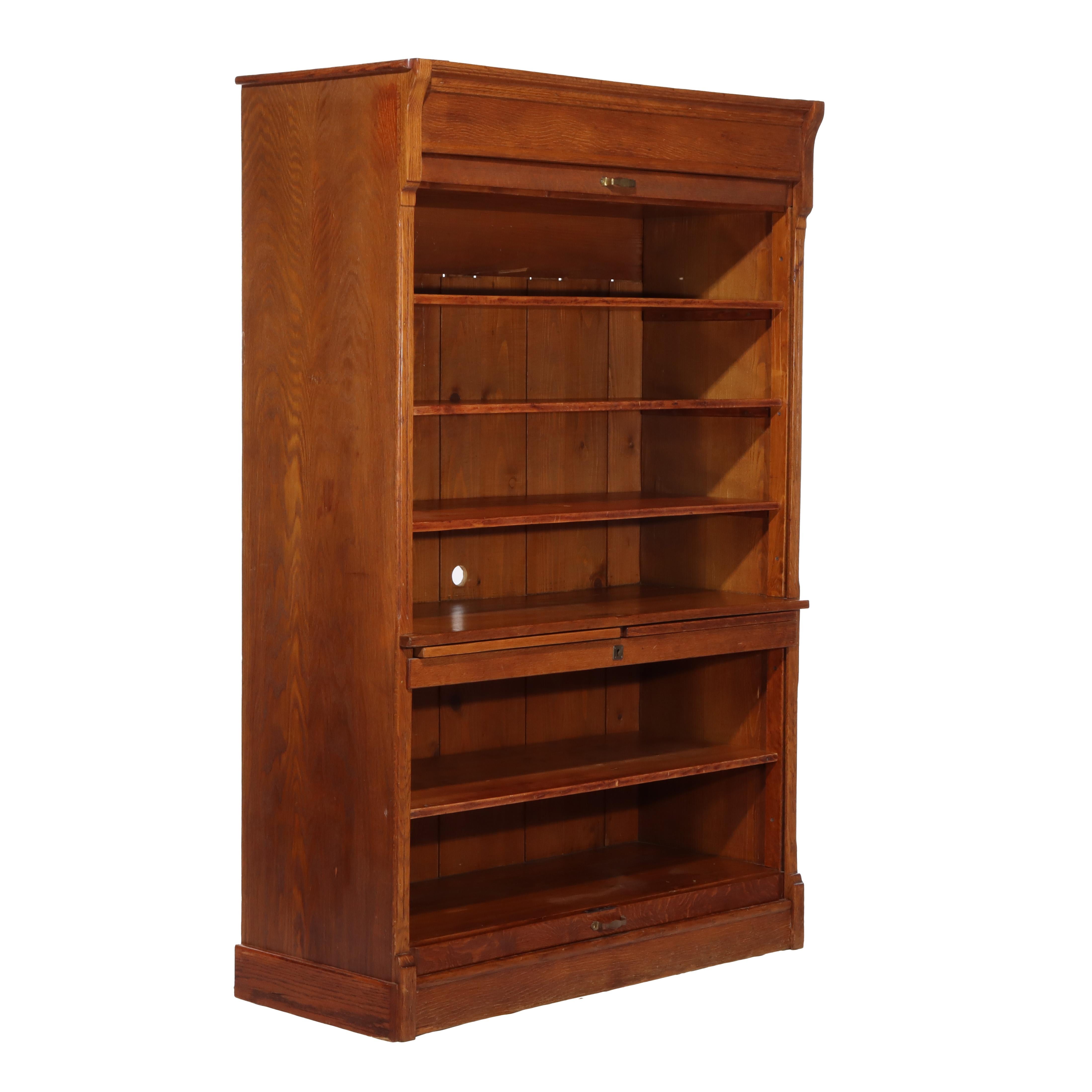 Oversized Antique Oak Roll Front Bookcase C1920 For Sale 8