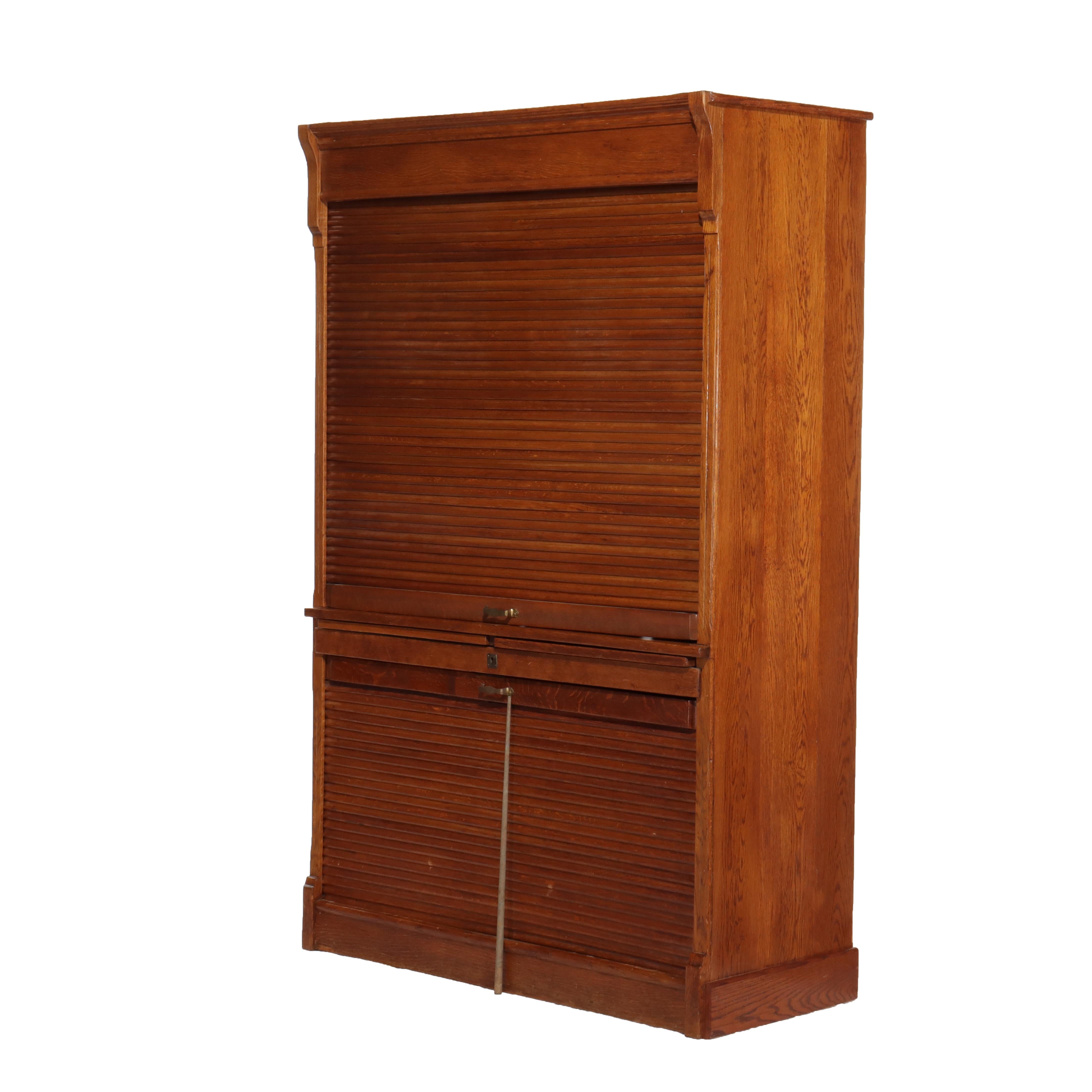 Oversized Antique Oak Roll Front Bookcase C1920 In Good Condition For Sale In Big Flats, NY