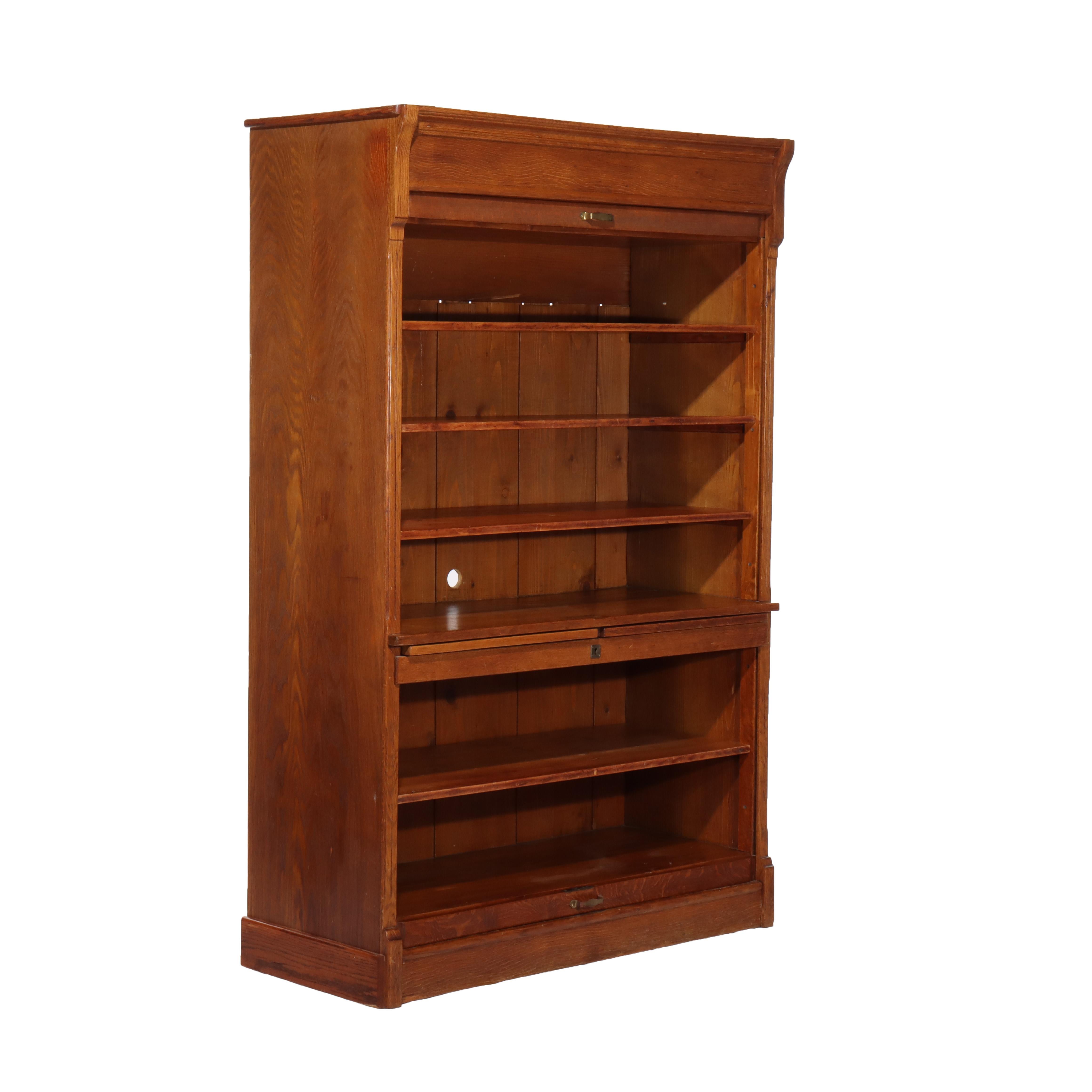 Oversized Antique Oak Roll Front Bookcase C1920 For Sale 5