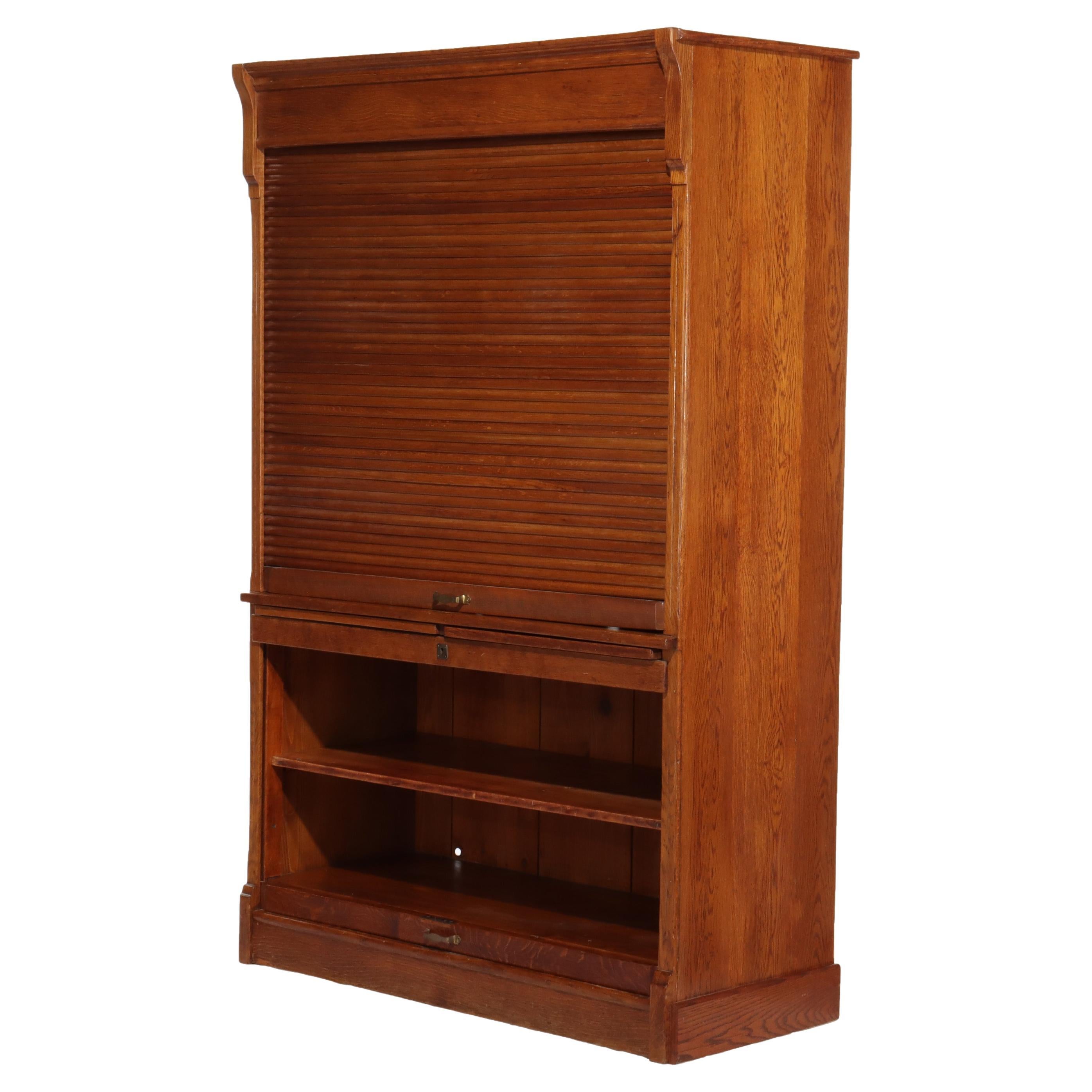 Oversized Antique Oak Roll Front Bookcase C1920