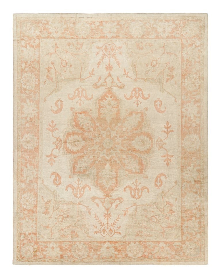 Oversized Antique Oushak Rug in Beige & Pink with Floral Medallion - Rug & Kilim