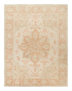 Oversized Antique Oushak Rug in Beige & Pink with Floral Medallion - Rug & Kilim