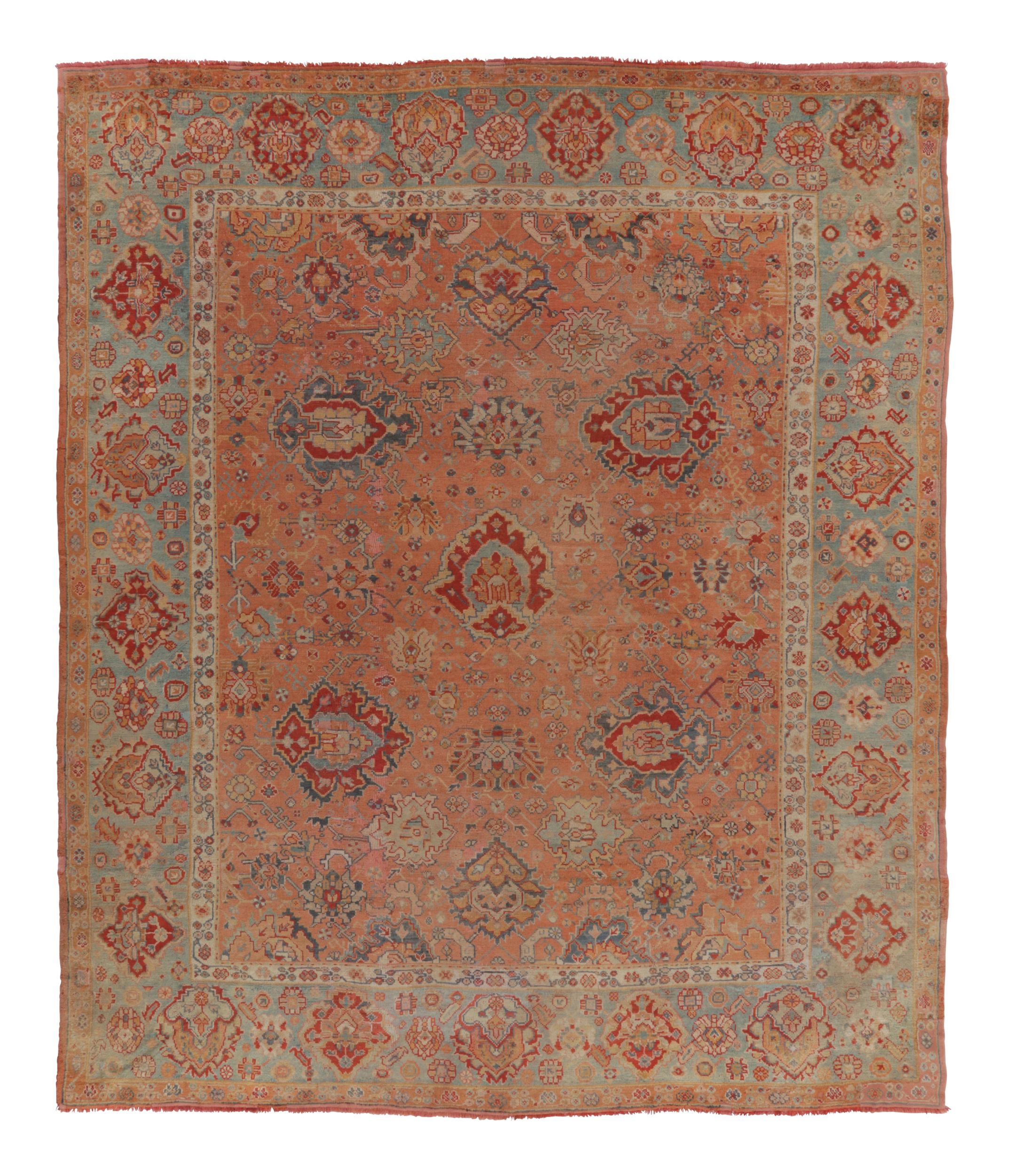 Oversized Antique Oushak Rug, Terracotta with Blue Floral Patterns - Rug & Kilim