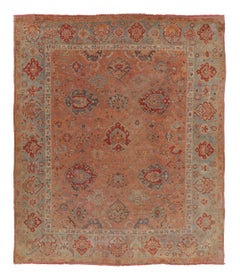 Oversized Antique Oushak Rug, Terracotta with Blue Floral Patterns - Rug & Kilim