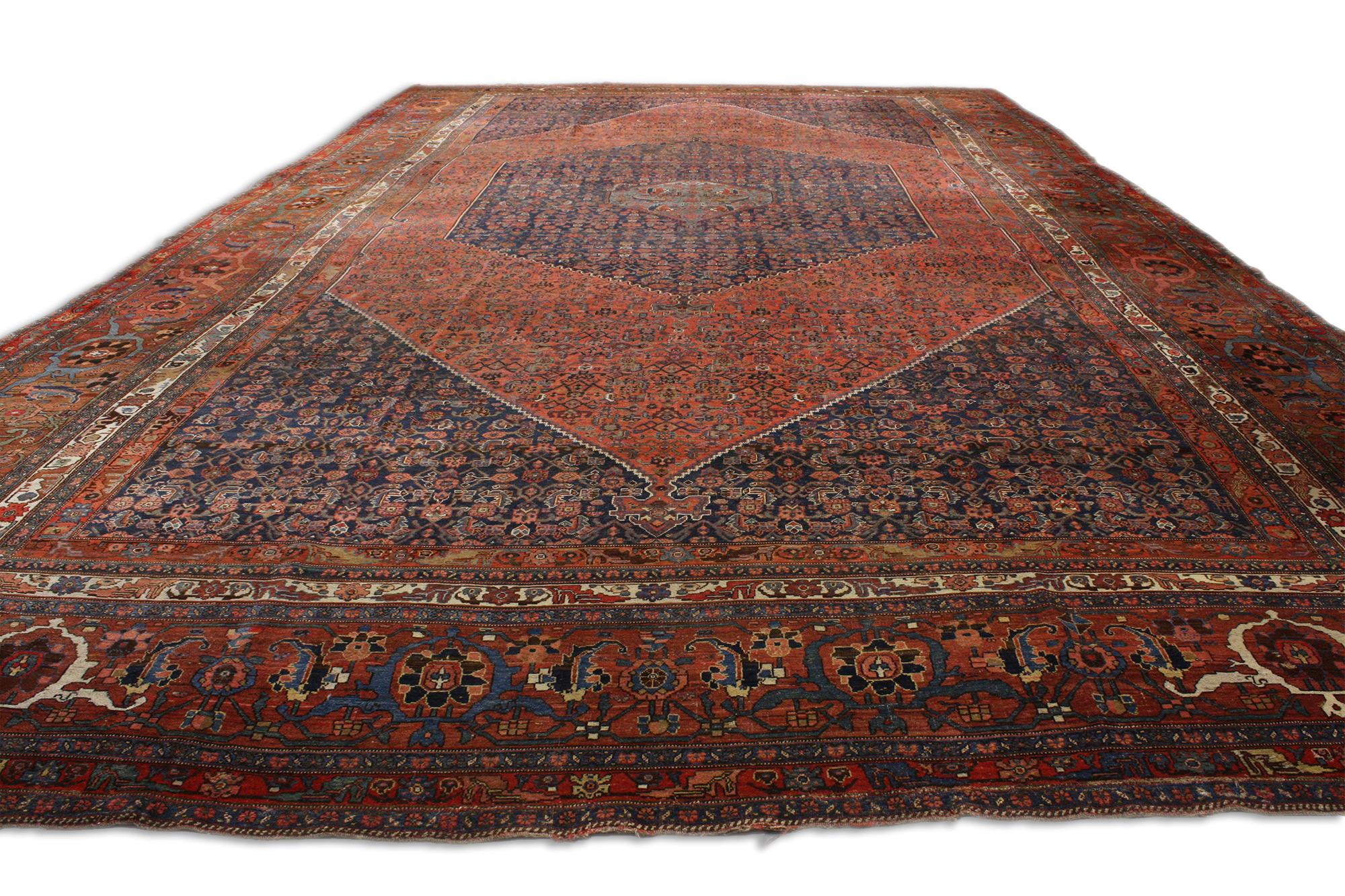 Hand-Knotted Oversized Antique Persian Bijar Rug, Hotel Lobby Size Carpet For Sale
