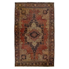 Tappeto antico oversize in lana rossa persiana Farahan con disegno a medaglione