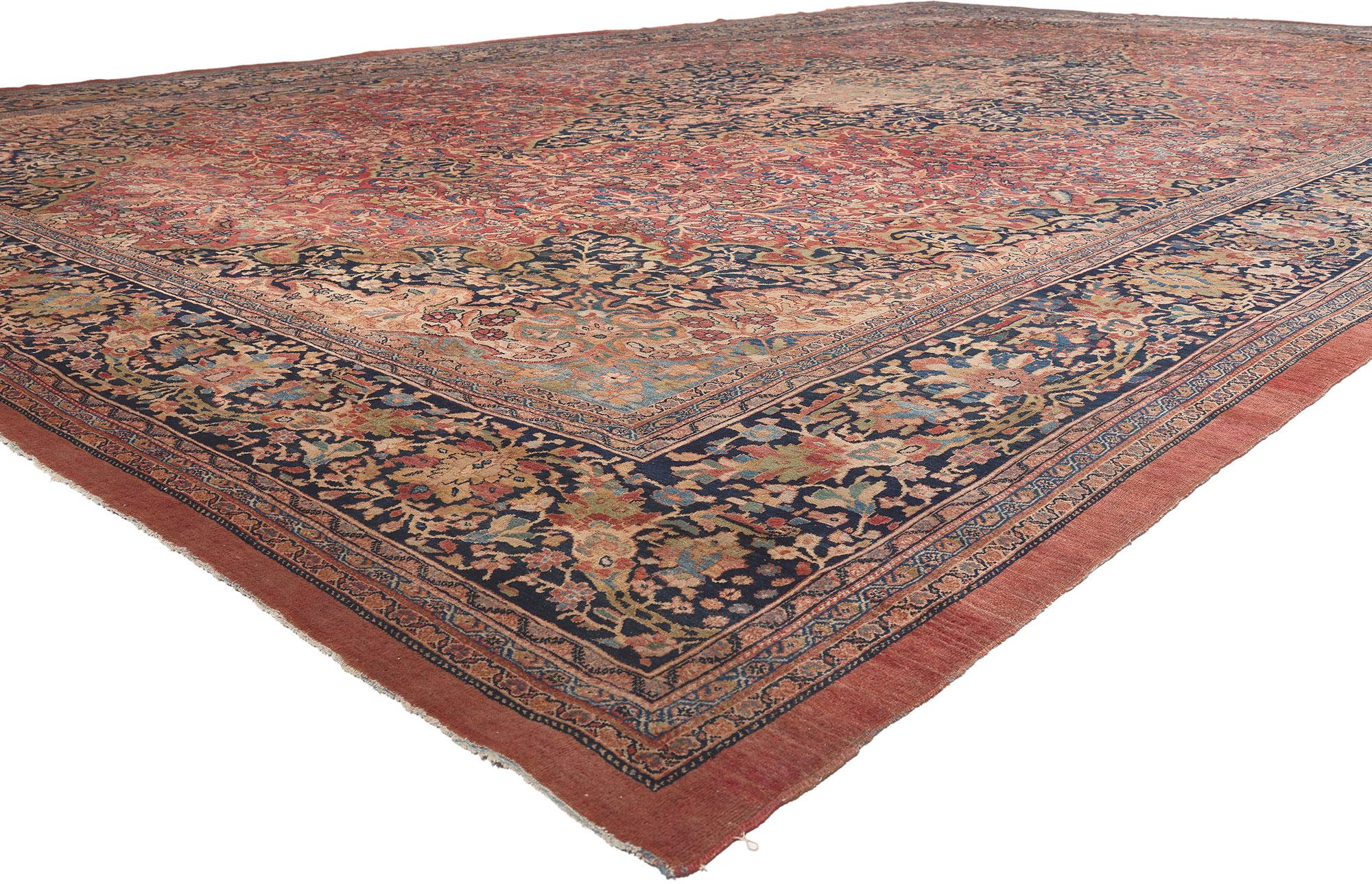 78651 Oversized Antique Persian Farahan Rug, 13'10 x 21'07.
​Representing a high-end category of Persian carpets and a sign of wealth, this palatial antique Persian Farahan rug is a captivating vision of woven beauty. The elaborate details and