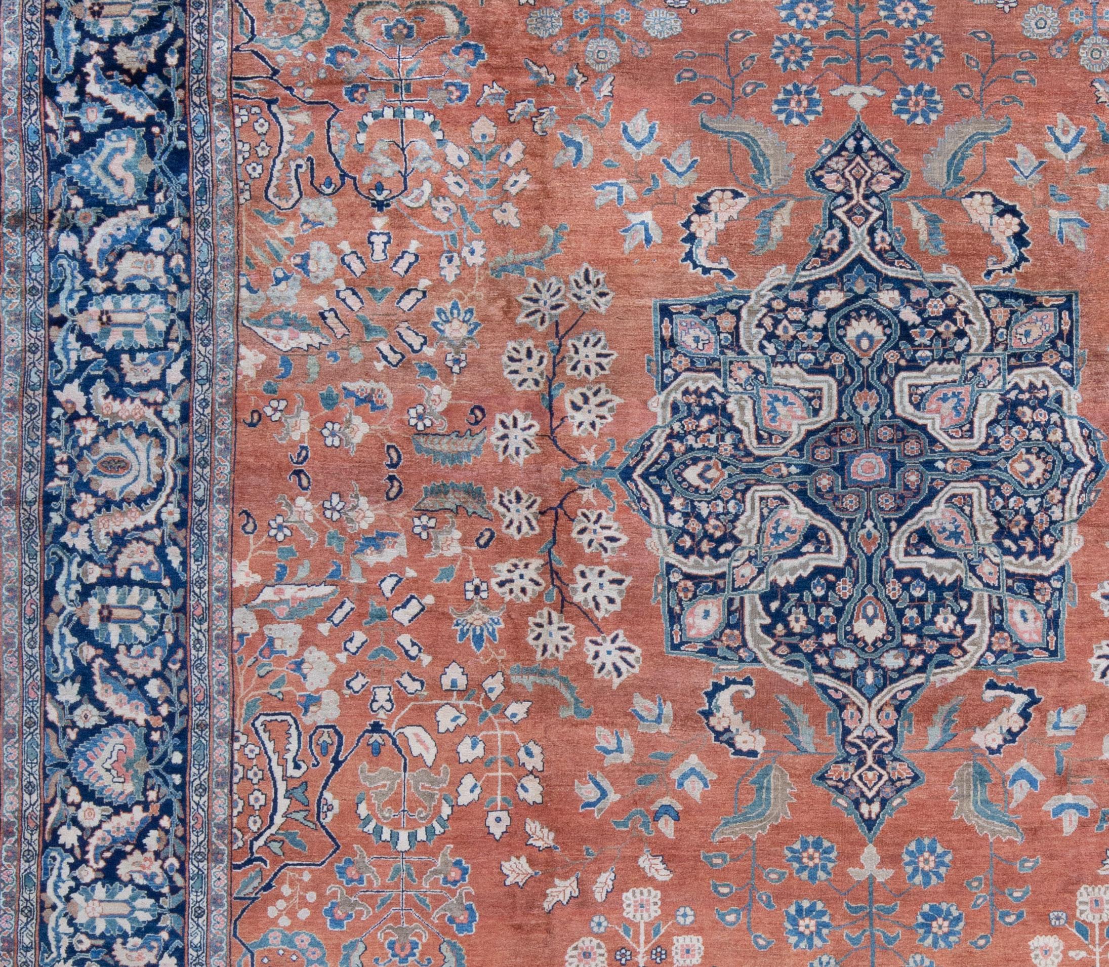 Hand-Woven Oversized Antique Persian Ferahan Sarouk Coral and Blue Rug, late 19th Century For Sale