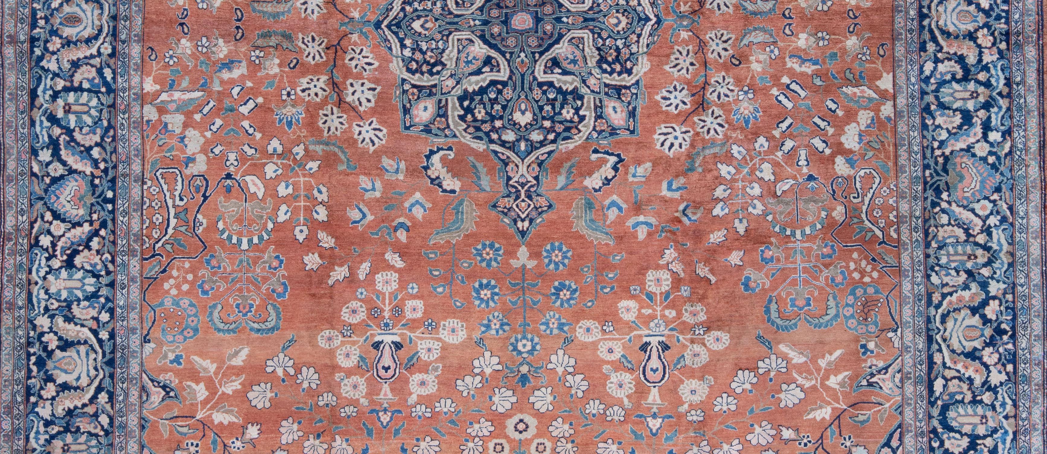 Wool Oversized Antique Persian Ferahan Sarouk Coral and Blue Rug, late 19th Century For Sale