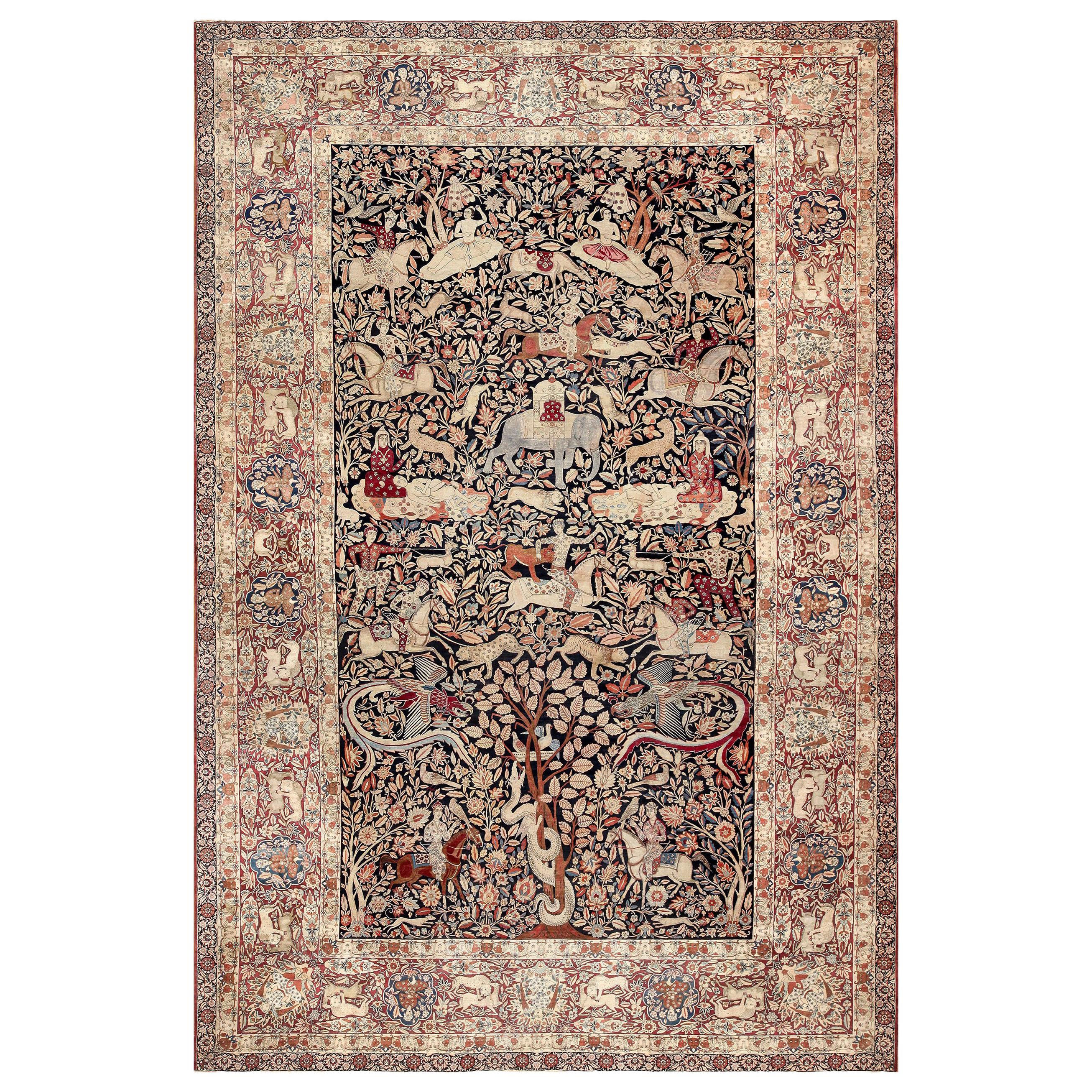 Antique Persian Hunting Scene Kerman Rug. Size: 14' 8" x 22' 8" For Sale